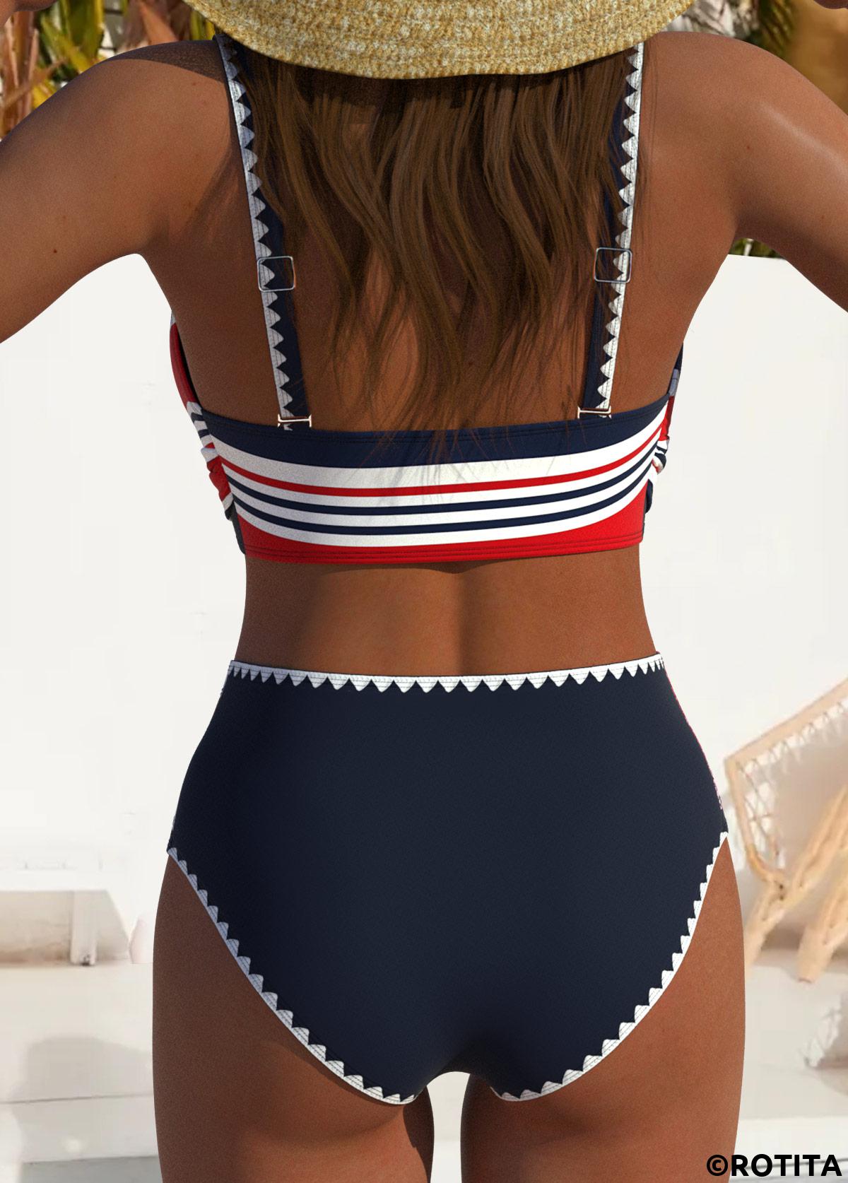 Navy swimwear,Striped swimwear,Geometric swimwear,ROTITA Navy Multi Stripe Print High Waisted Bikini Set