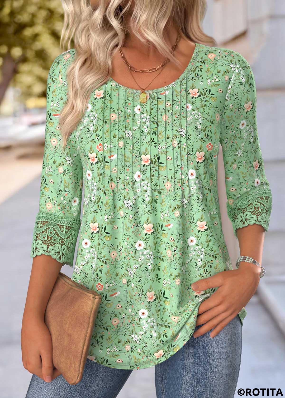 Light Green tops,Ditsy Floral tops,ROTITA Ditsy Floral Print Light Green Round Neck T Shirt