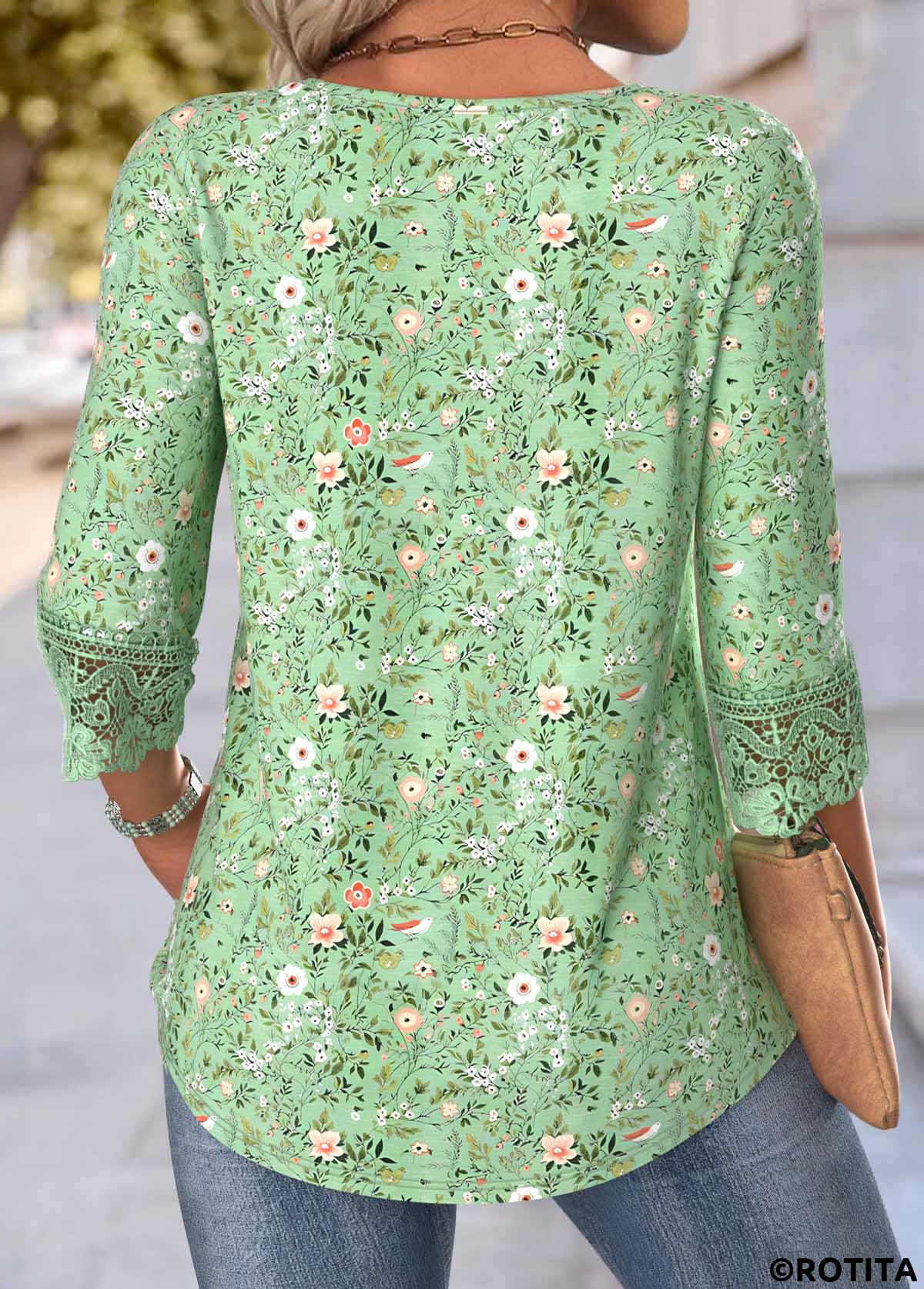Light Green tops,Ditsy Floral tops,ROTITA Ditsy Floral Print Light Green Round Neck T Shirt