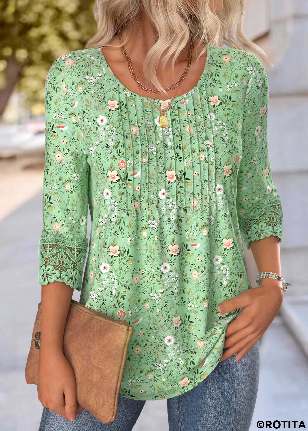 Light Green tops,Ditsy Floral tops,ROTITA Ditsy Floral Print Light Green Round Neck T Shirt