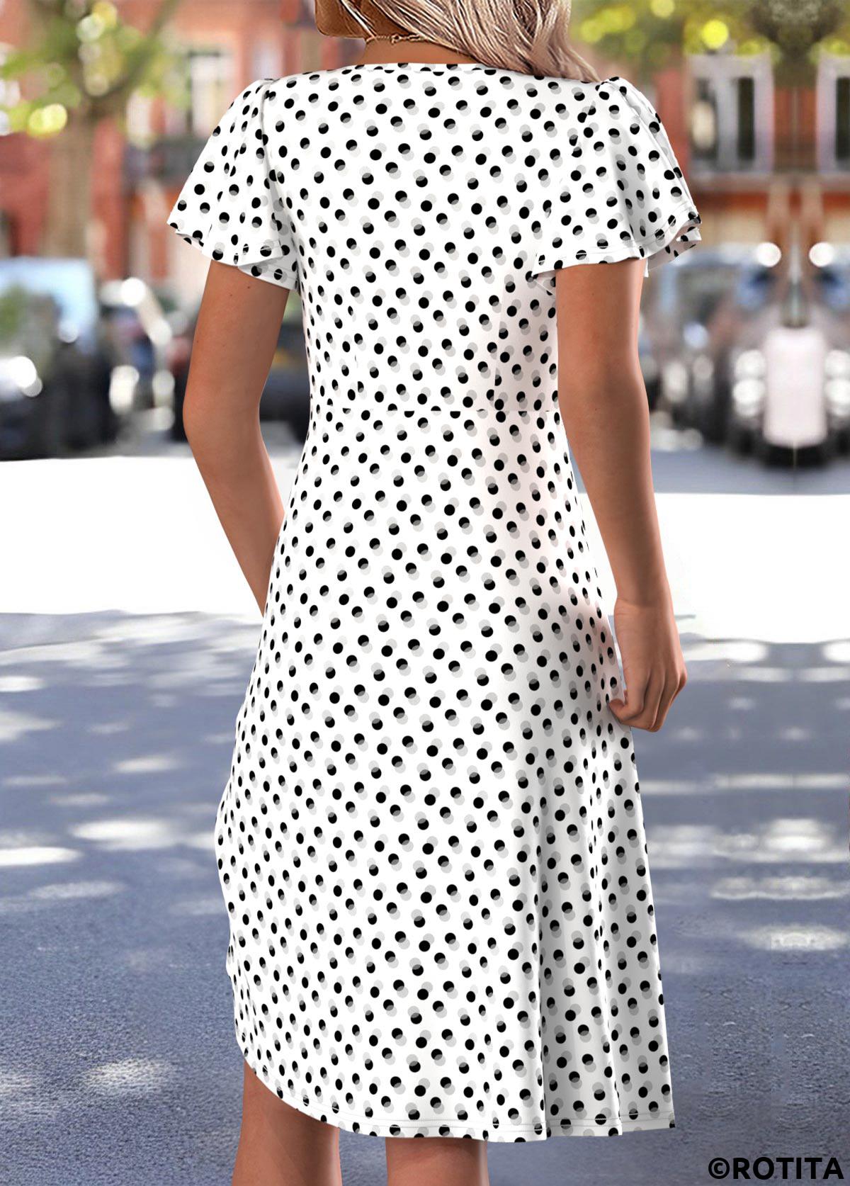White dresses,Dot dresses,Everyday dresses,Casual dresses,ROTITA Polka Dot White Square Neck Short Sleeve Dress