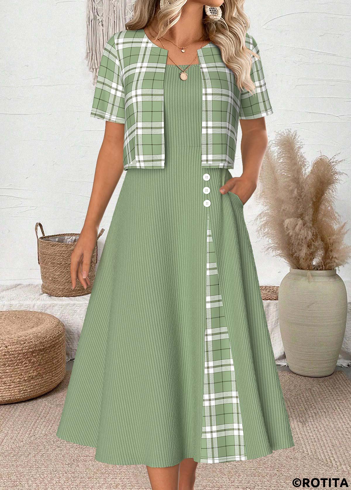 Light Green dresses,Plaid dresses,Geometric dresses,Everyday dresses,Casual dresses,ROTITA Plaid Light Green Round Neck Dress and Cardigan