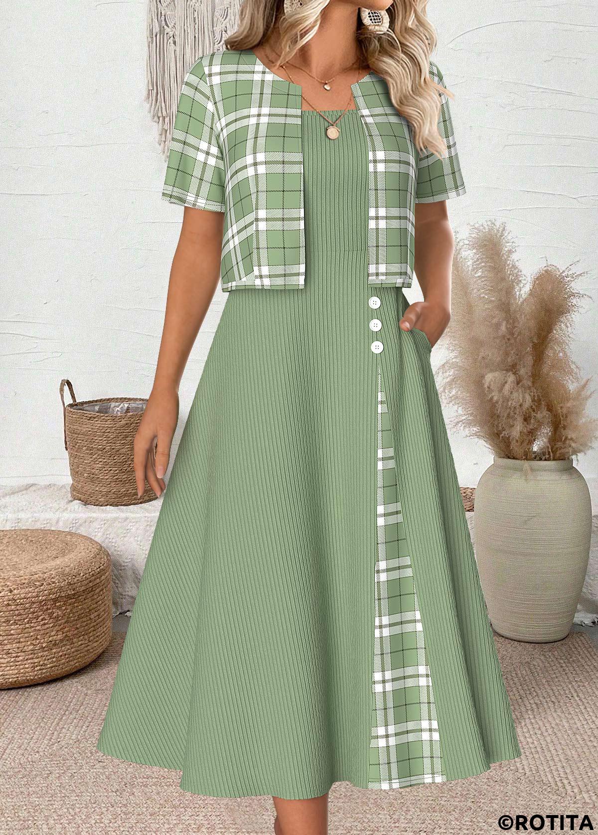 Light Green dresses,Plaid dresses,Geometric dresses,Everyday dresses,Casual dresses,ROTITA Plaid Light Green Round Neck Dress and Cardigan