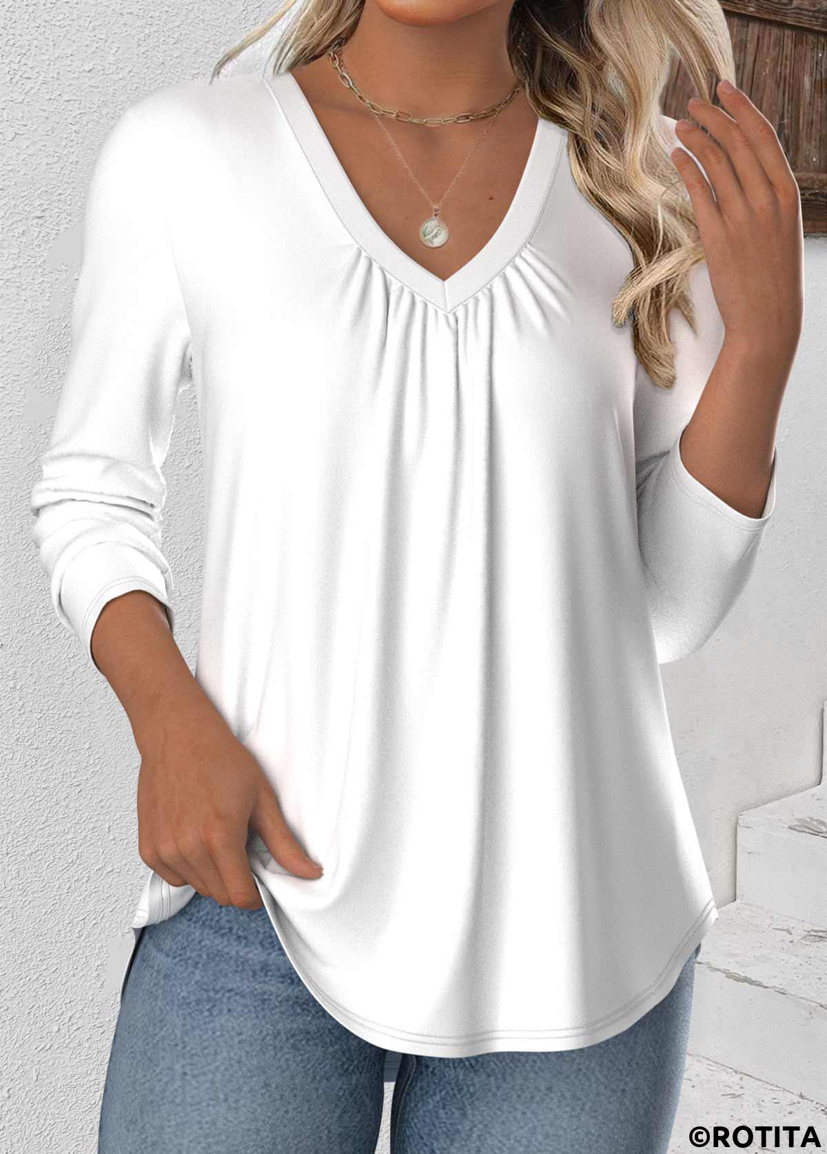 White tops,Plain Color tops,ROTITA White V Neck Long Sleeve T Shirt