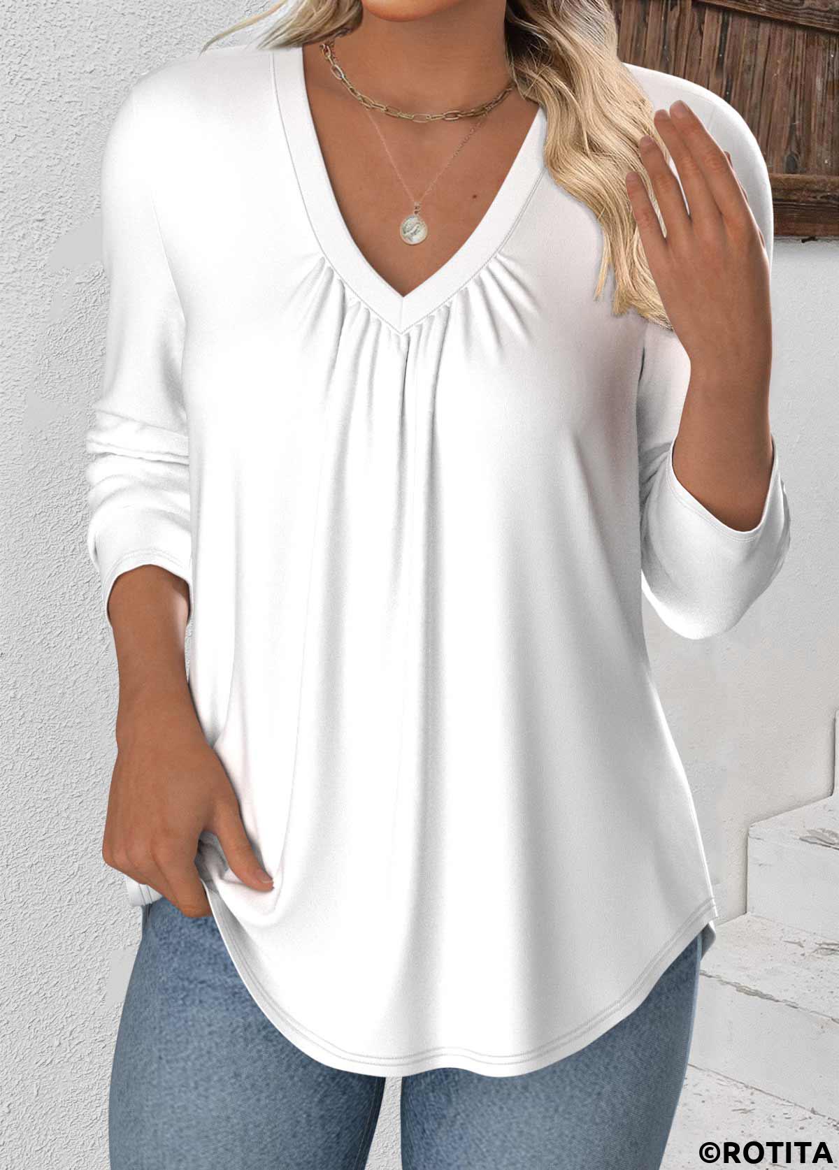White tops,Plain Color tops,ROTITA White V Neck Long Sleeve T Shirt