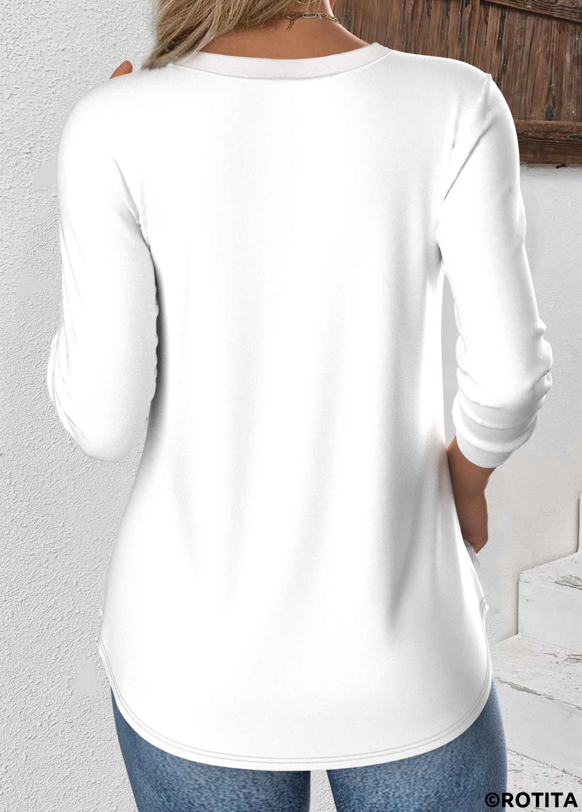 White tops,Plain Color tops,ROTITA White V Neck Long Sleeve T Shirt
