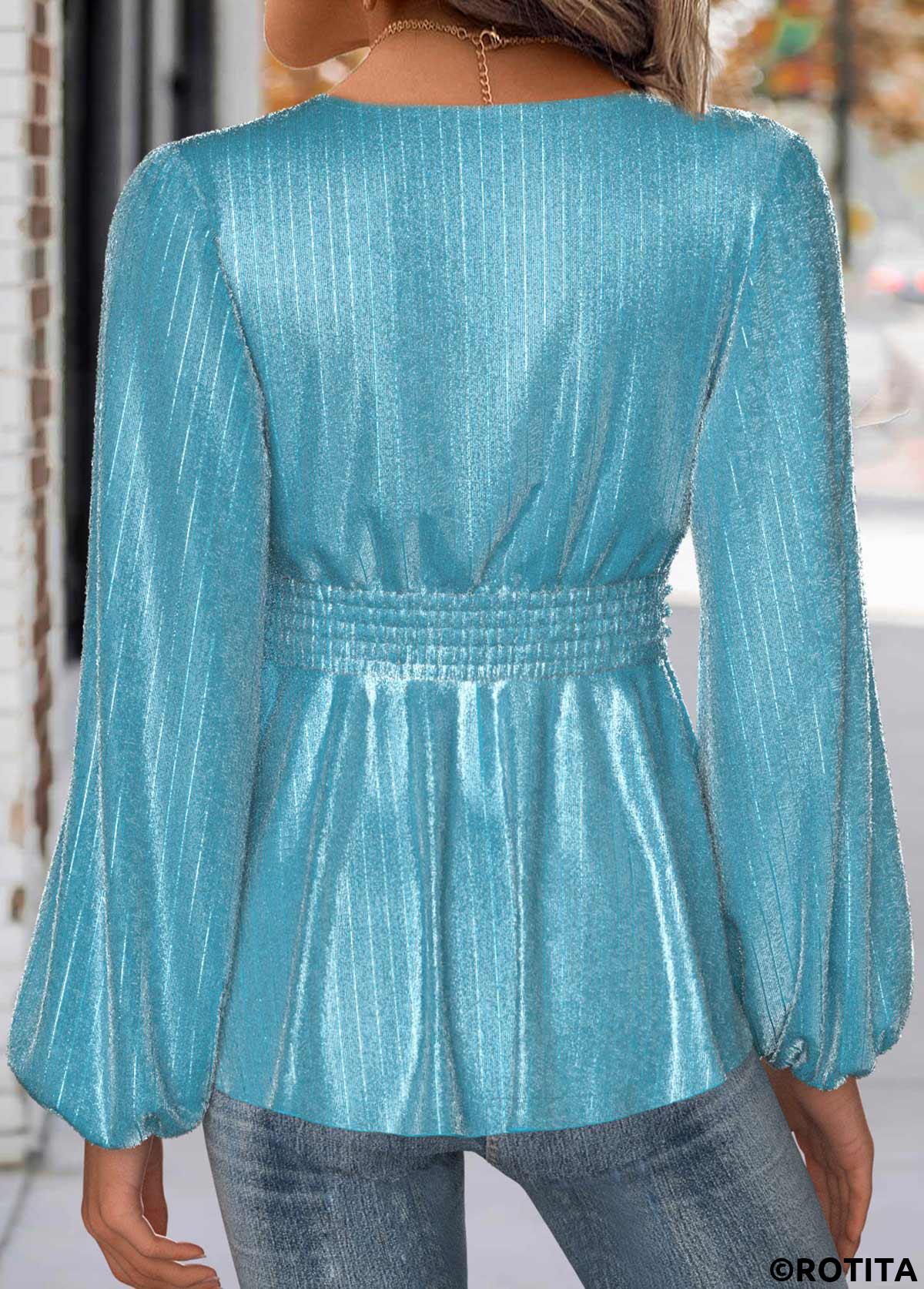 Blue tops,Plain Color tops,ROTITA Mint Green V Neck Long Sleeve Blouse