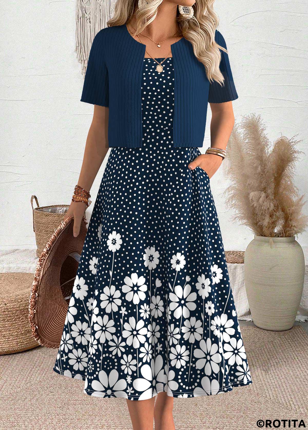 Navy dresses,Dot dresses,Everyday dresses,Casual dresses,ROTITA Polka Dot Navy Round Neck Dress and Cardigan
