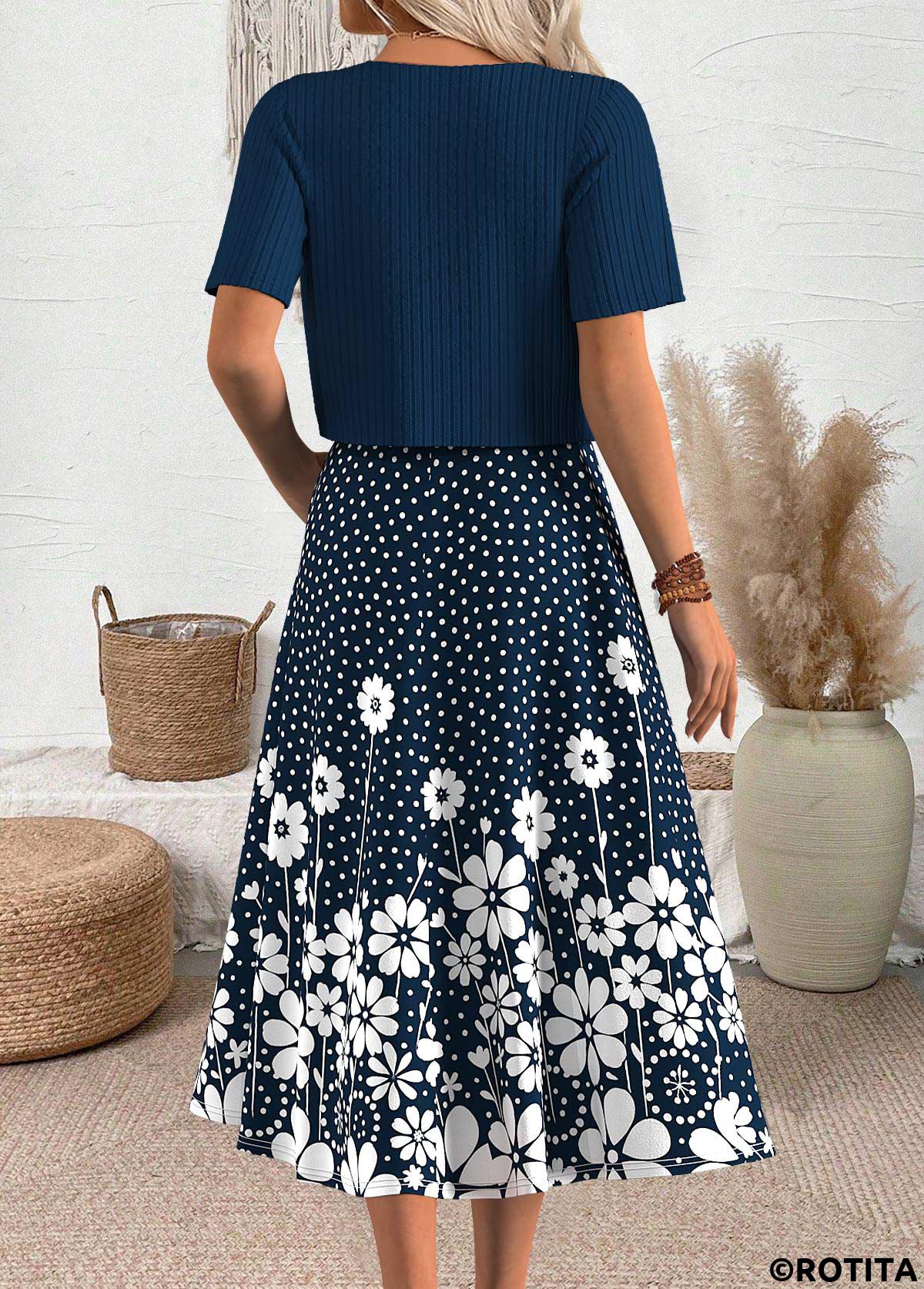 Navy dresses,Dot dresses,Everyday dresses,Casual dresses,ROTITA Polka Dot Navy Round Neck Dress and Cardigan