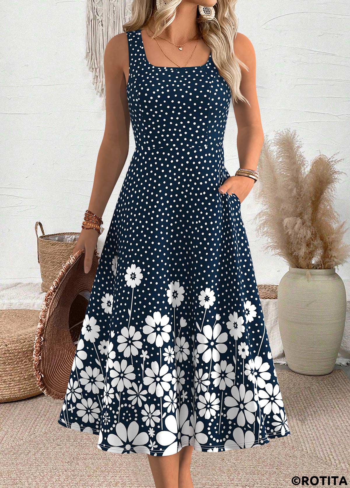 Navy dresses,Dot dresses,Everyday dresses,Casual dresses,ROTITA Polka Dot Navy Round Neck Dress and Cardigan