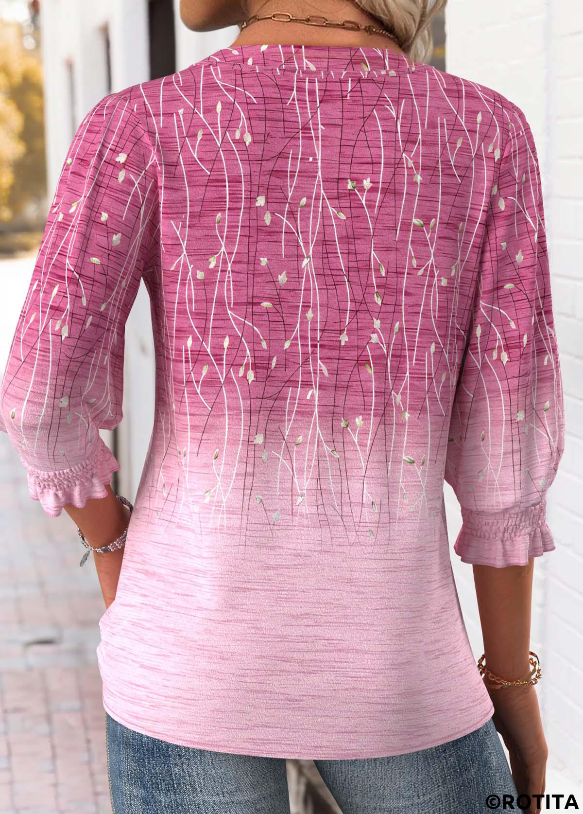 Pink tops,Ombre tops,ROTITA Ombre Pink Round Neck 3/4 Sleeve Blouse
