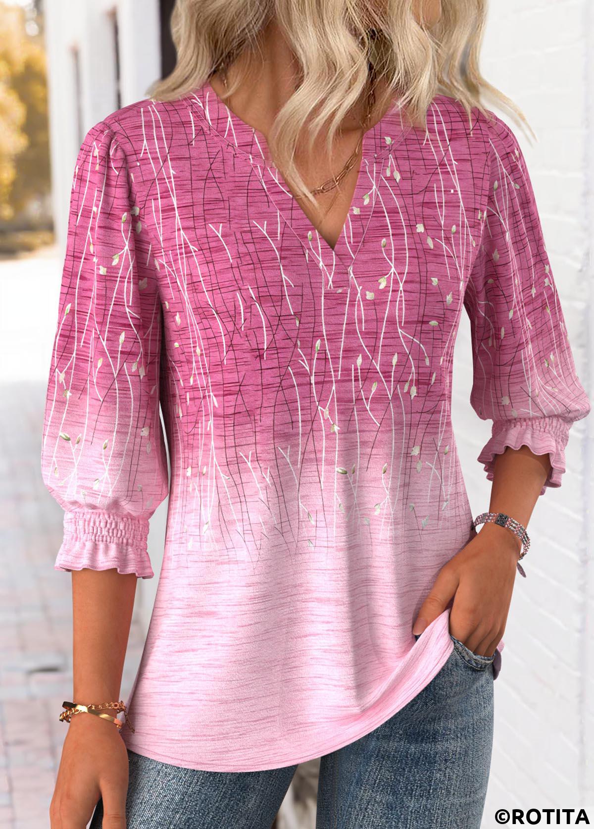 Pink tops,Ombre tops,ROTITA Ombre Pink Round Neck 3/4 Sleeve Blouse
