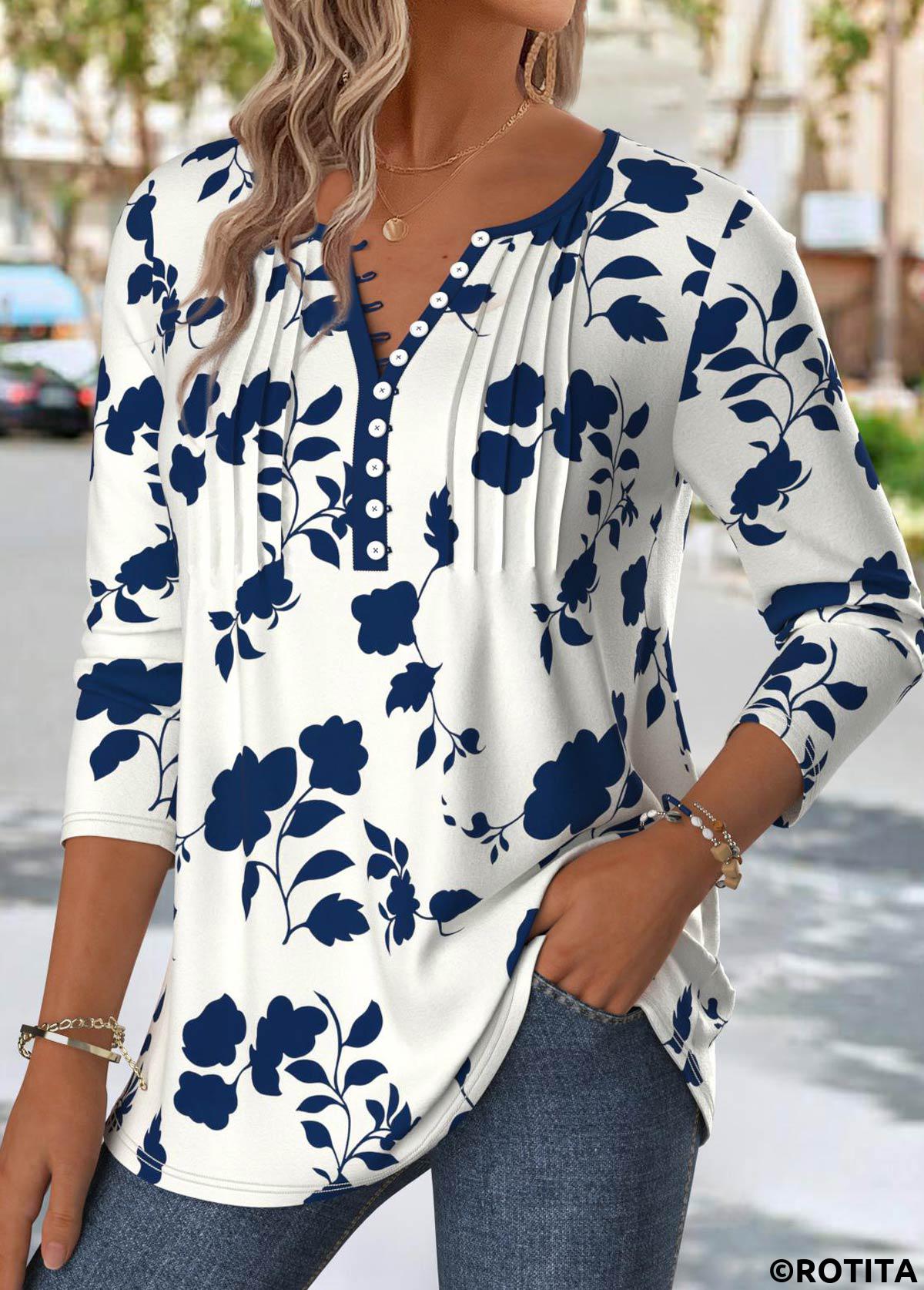 Navy tops,Floral tops,Plants tops,ROTITA Floral Print Navy Split Neck Long Sleeve T Shirt