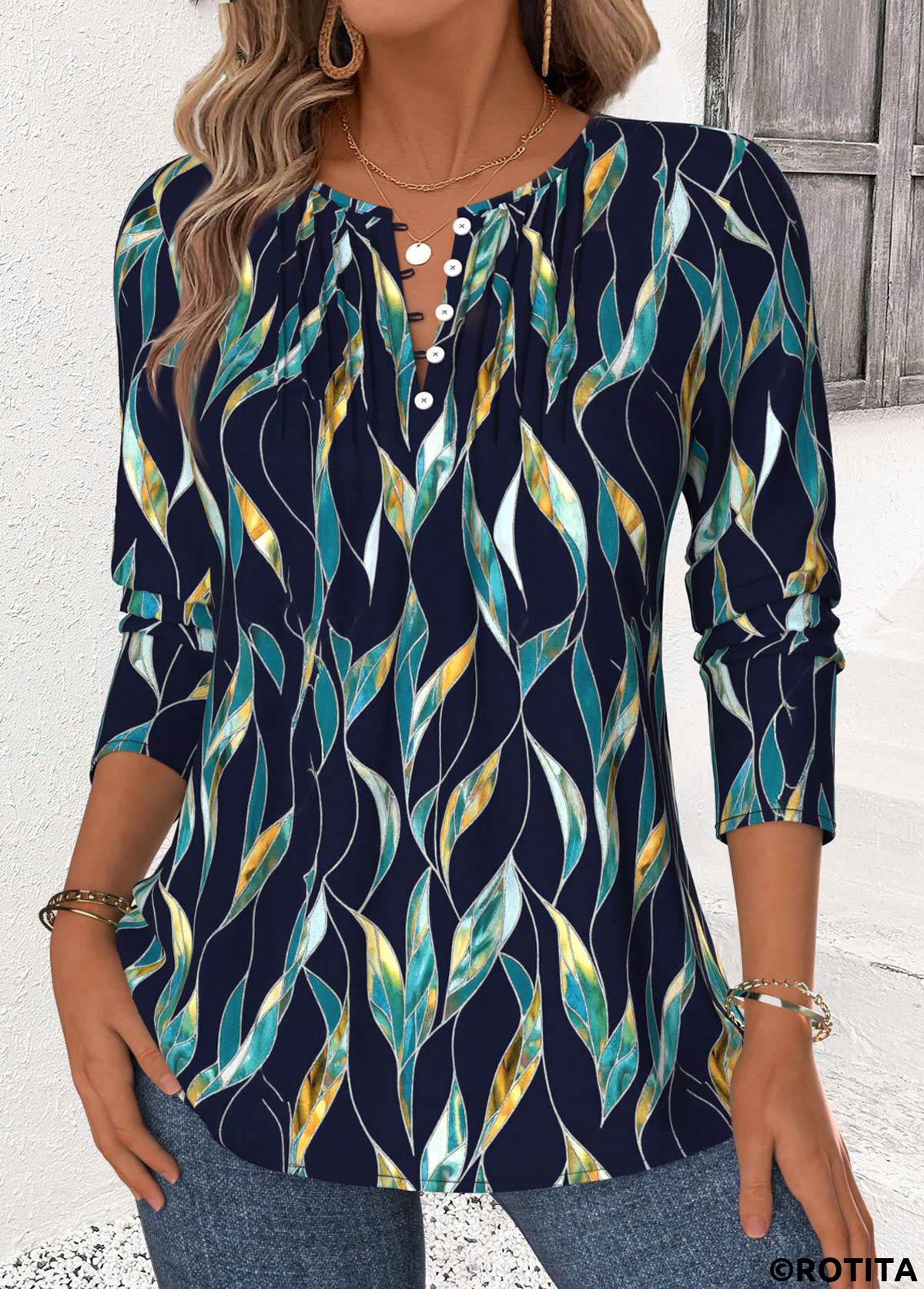 Navy tops,Plants tops,ROTITA Leaf Print Navy Split Neck Long Sleeve Blouse