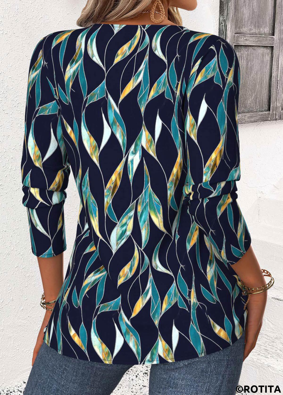 Navy tops,Plants tops,ROTITA Leaf Print Navy Split Neck Long Sleeve Blouse
