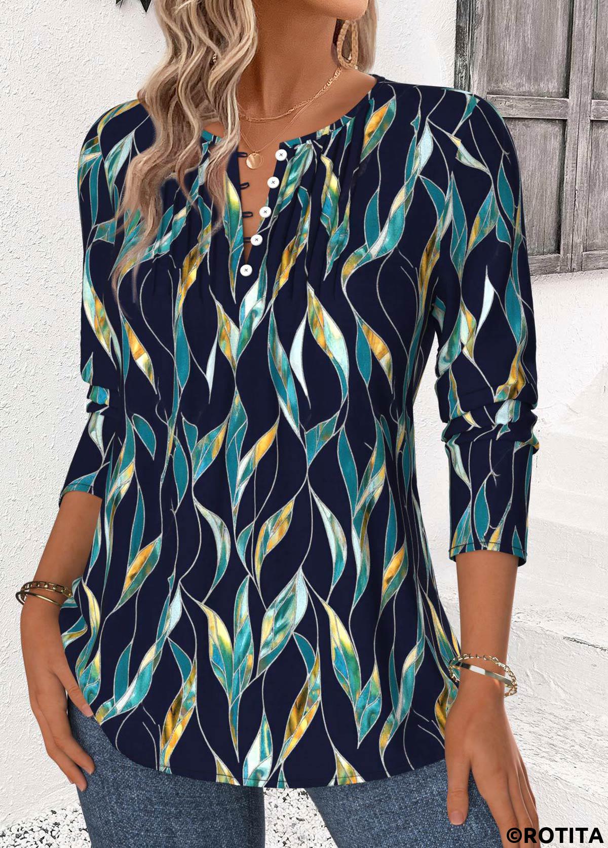 Navy tops,Plants tops,ROTITA Leaf Print Navy Split Neck Long Sleeve Blouse