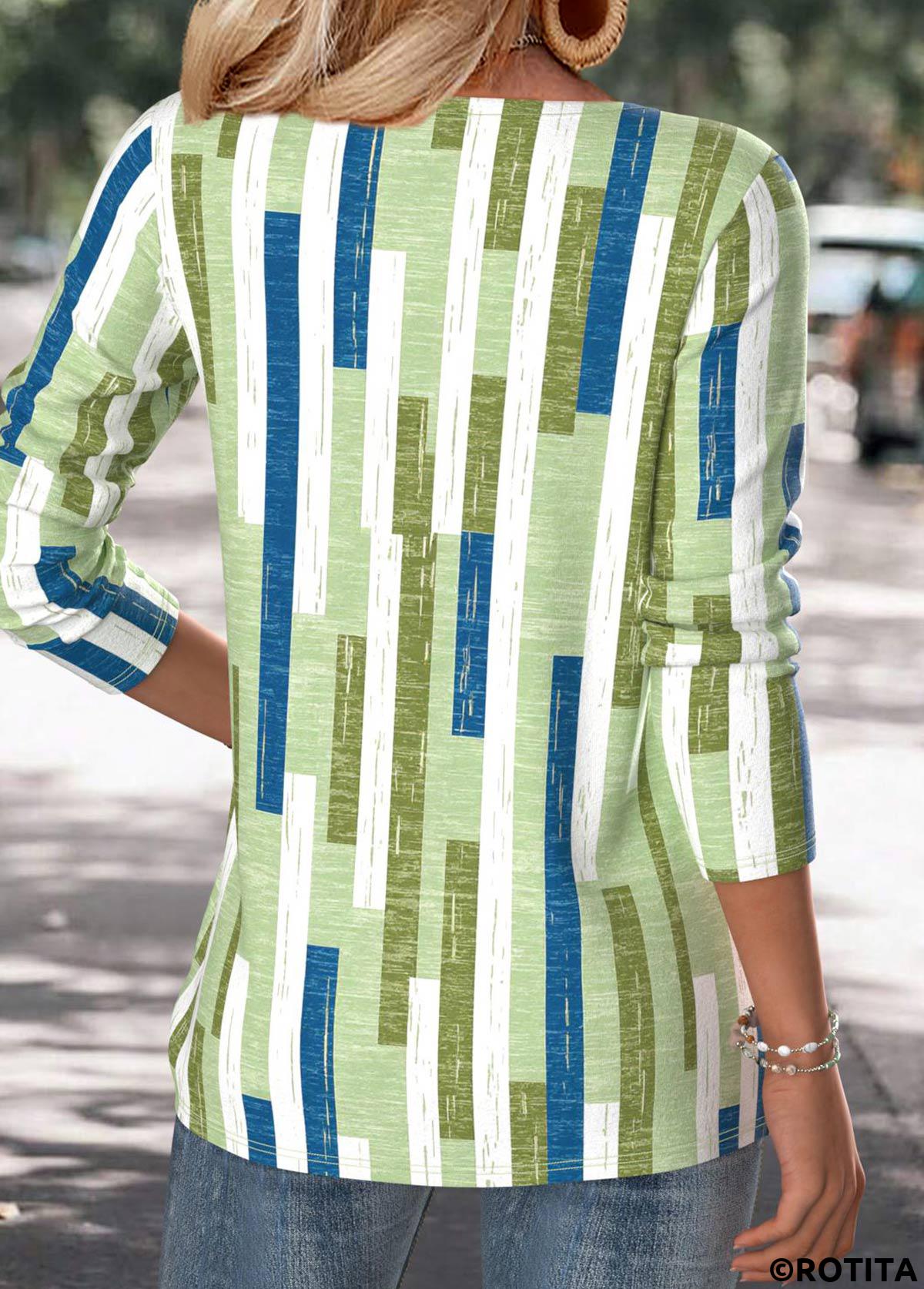 Multi Color tops,Geometric tops,ROTITA Geometric Print Multi Color Split Neck T Shirt