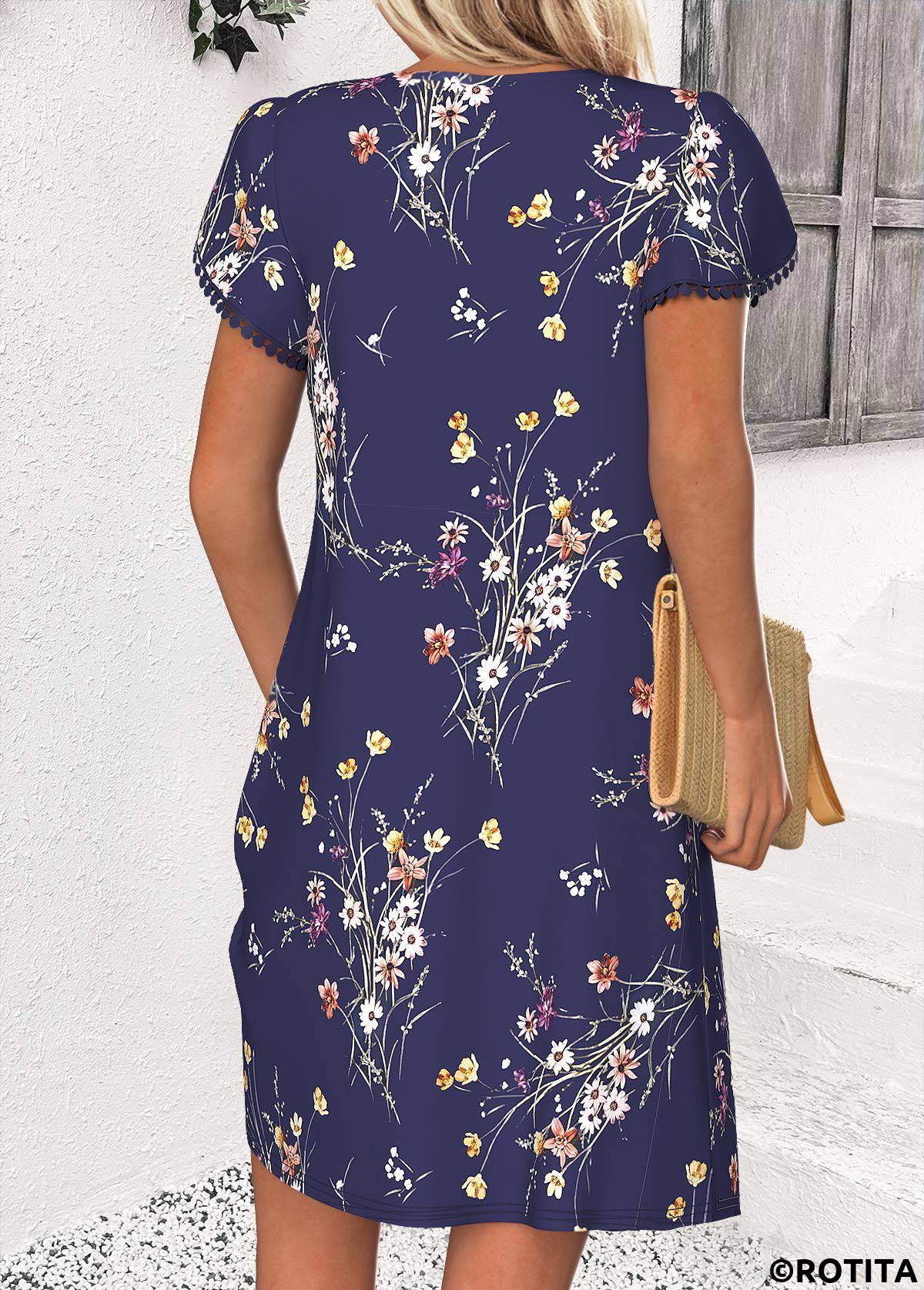 Navy dresses,Floral dresses,Plants dresses,Everyday dresses,Casual dresses,ROTITA Floral Print Navy Short V Neck Dress