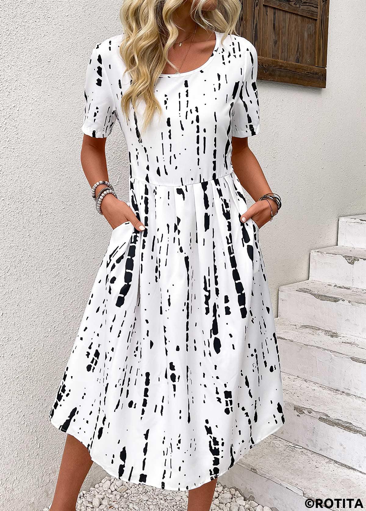 Black dresses,Geometric dresses,Everyday dresses,Casual dresses,ROTITA Geometric Print Black Round Neck Short Sleeve Dress