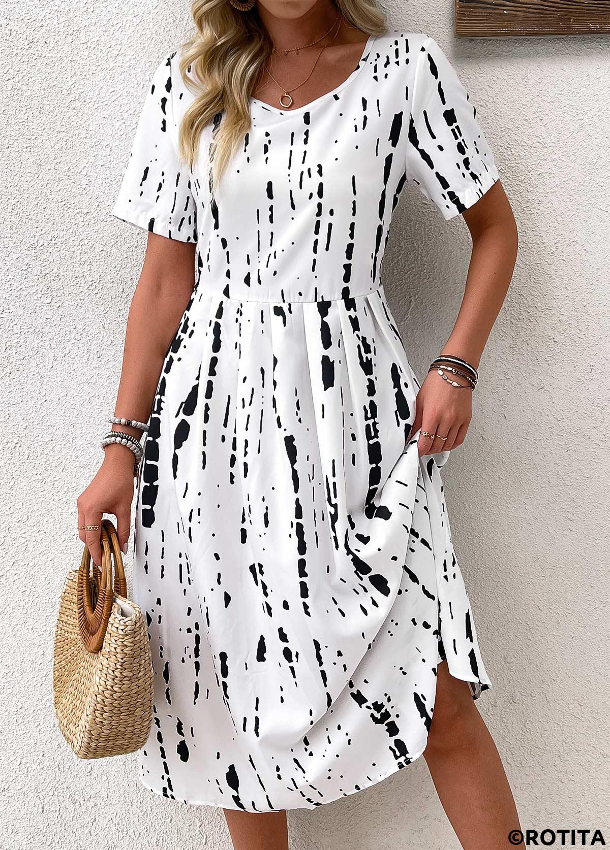 Black dresses,Geometric dresses,Everyday dresses,Casual dresses,ROTITA Geometric Print Black Round Neck Short Sleeve Dress