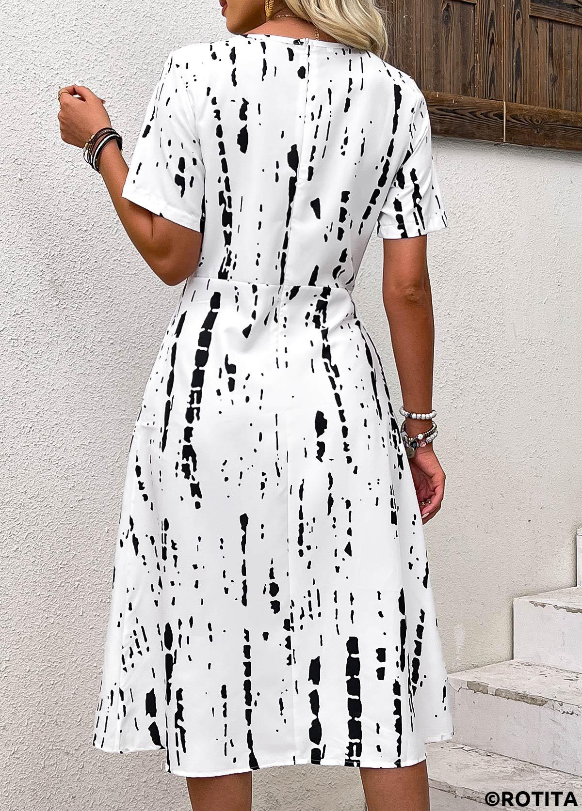 Black dresses,Geometric dresses,Everyday dresses,Casual dresses,ROTITA Geometric Print Black Round Neck Short Sleeve Dress