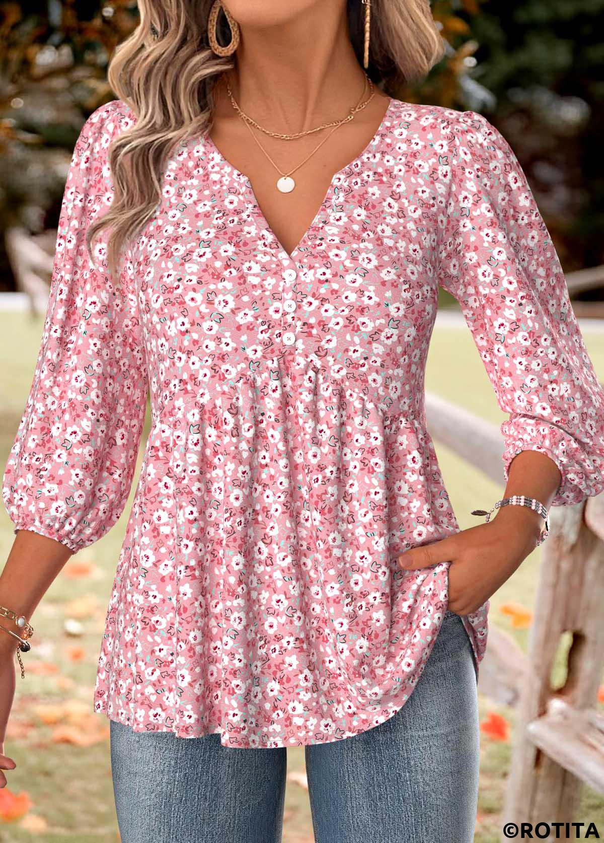 Pink tops,Ditsy Floral tops,ROTITA Ditsy Floral Print Pink Split Neck 3/4 Sleeve Blouse