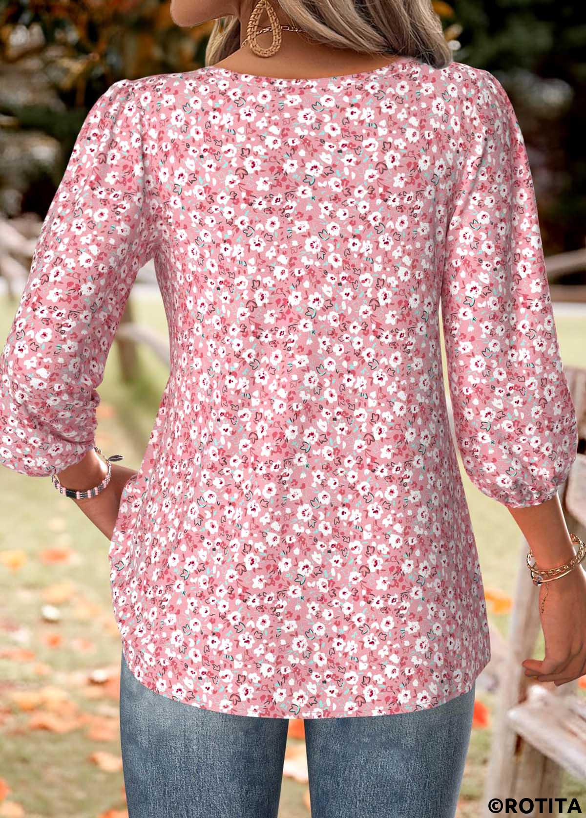Pink tops,Ditsy Floral tops,ROTITA Ditsy Floral Print Pink Split Neck 3/4 Sleeve Blouse