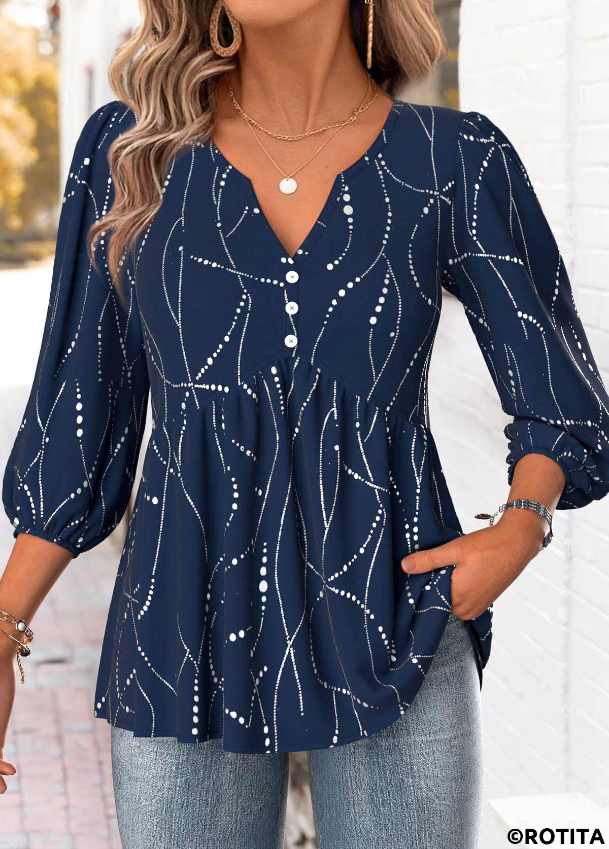 Navy tops,Geometric tops,Dot tops,ROTITA Geometric Print Navy Split Neck 3/4 Sleeve Blouse