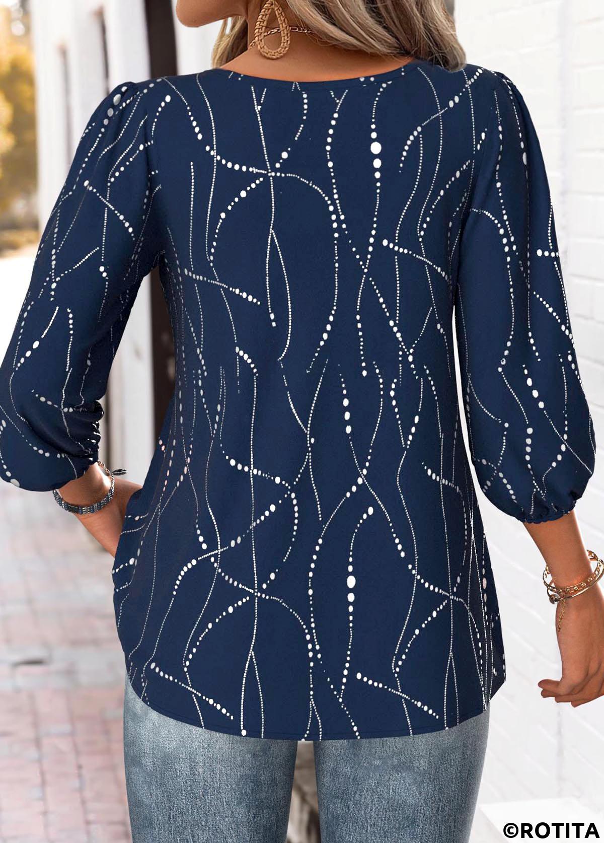 Navy tops,Geometric tops,Dot tops,ROTITA Geometric Print Navy Split Neck 3/4 Sleeve Blouse