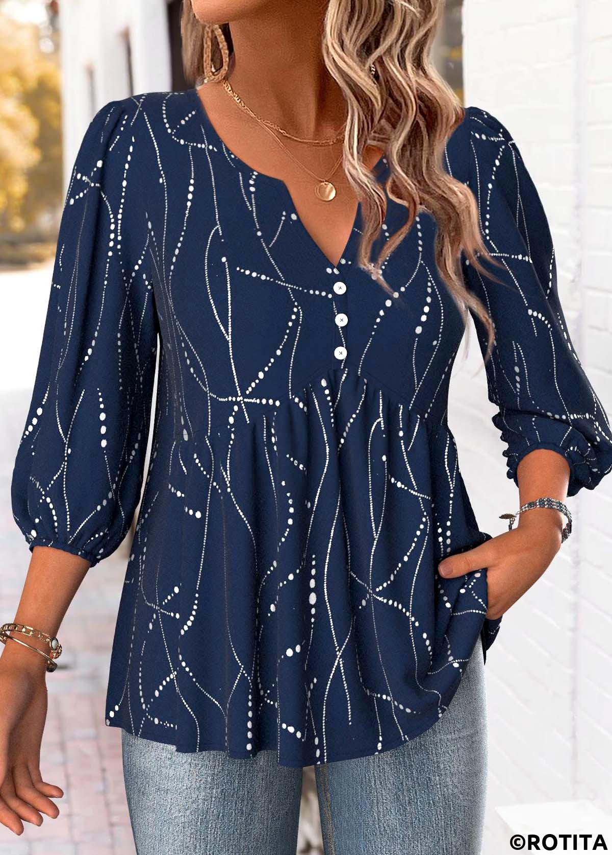 Navy tops,Geometric tops,Dot tops,ROTITA Geometric Print Navy Split Neck 3/4 Sleeve Blouse