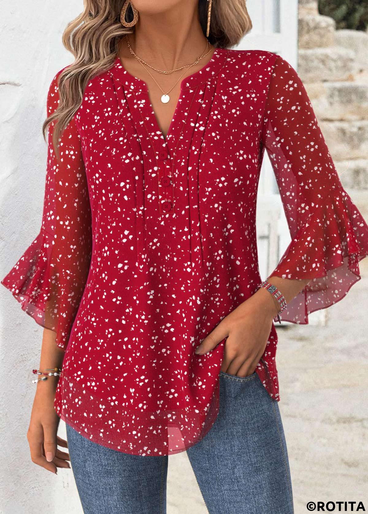 Red tops,Floral tops,Plants tops,ROTITA Floral Print Red Split Neck 3/4 Sleeve Blouse