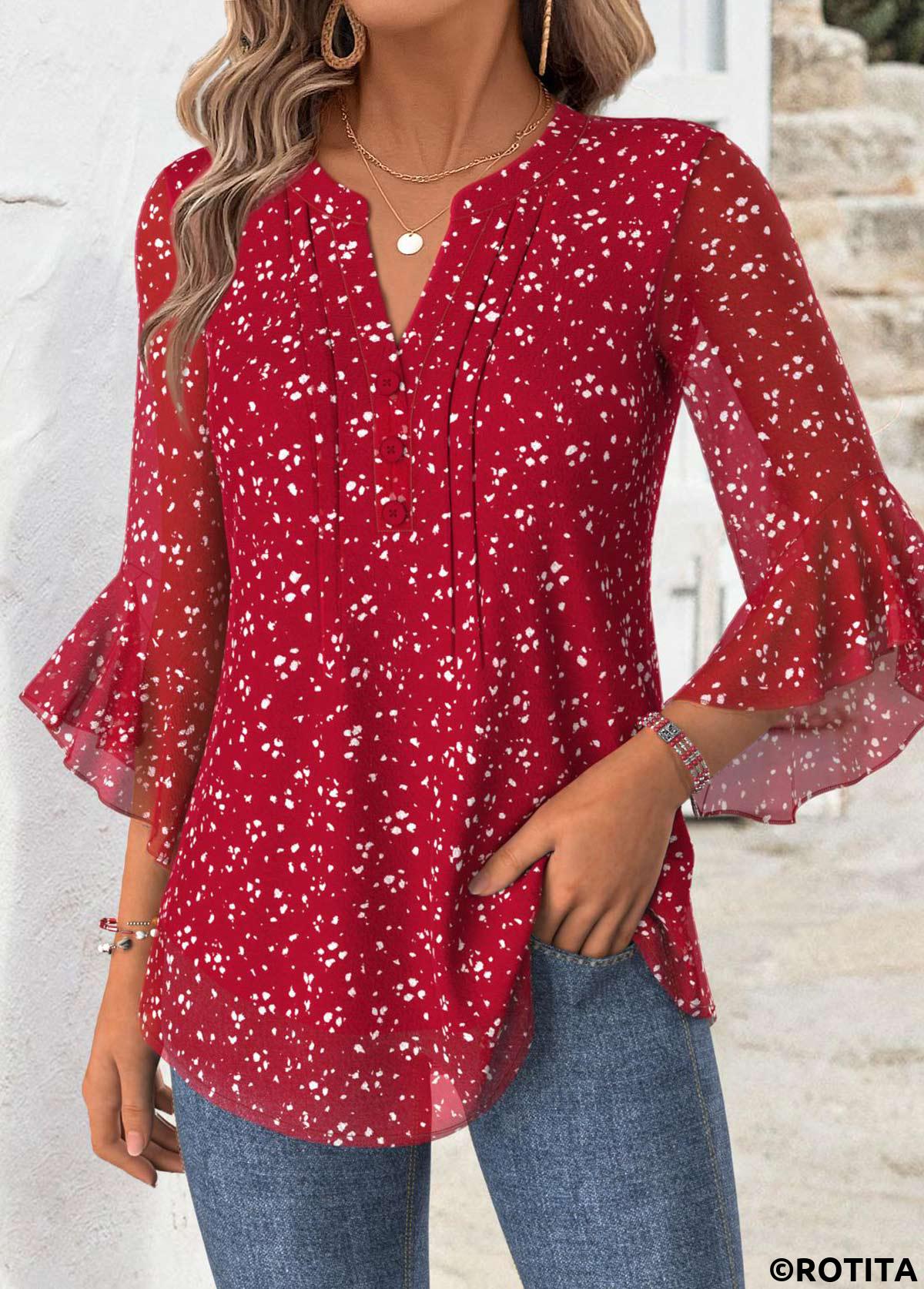 Red tops,Floral tops,Plants tops,ROTITA Floral Print Red Split Neck 3/4 Sleeve Blouse