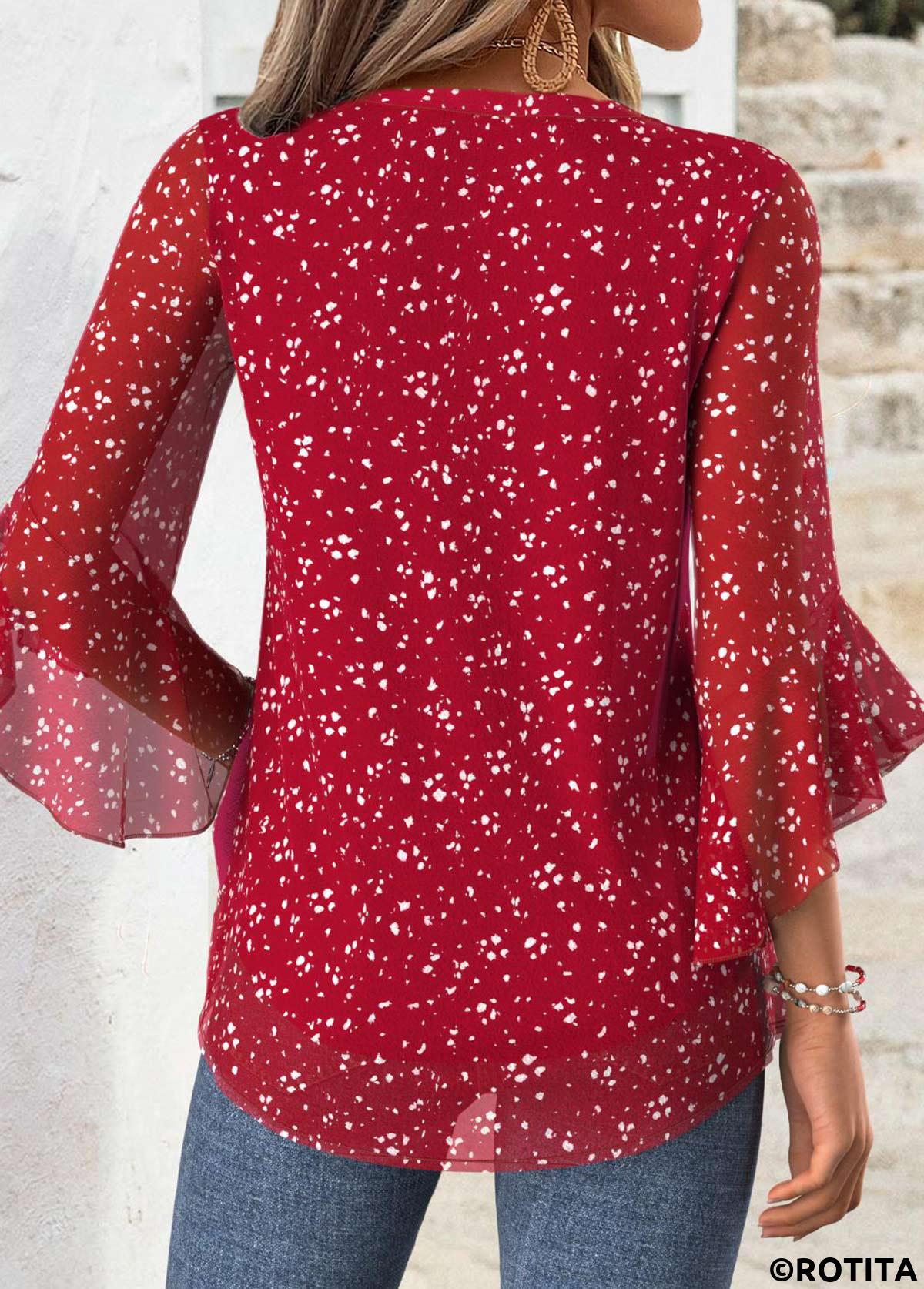 Red tops,Floral tops,Plants tops,ROTITA Floral Print Red Split Neck 3/4 Sleeve Blouse
