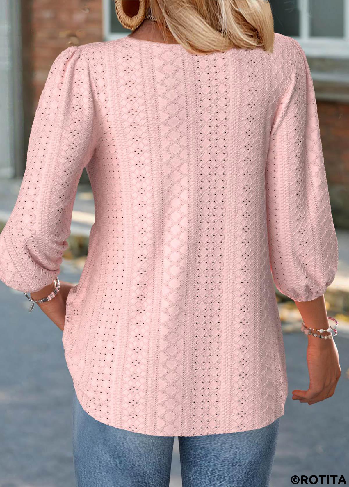 Light Pink tops,Plain Color tops,ROTITA Light Pink Split Neck 3/4 Sleeve Blouse