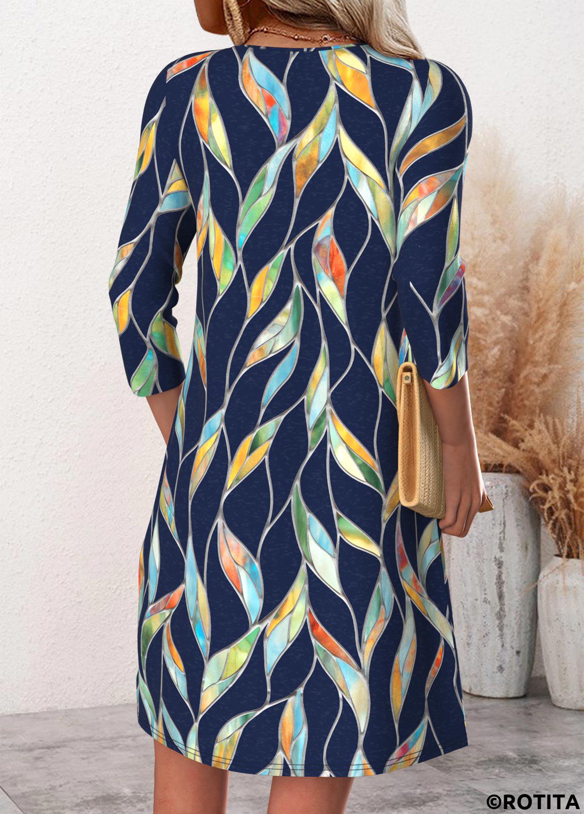 Navy dresses,Plants dresses,Everyday dresses,Casual dresses,ROTITA Leaf Print Navy Short Split Neck Long Sleeve Dress
