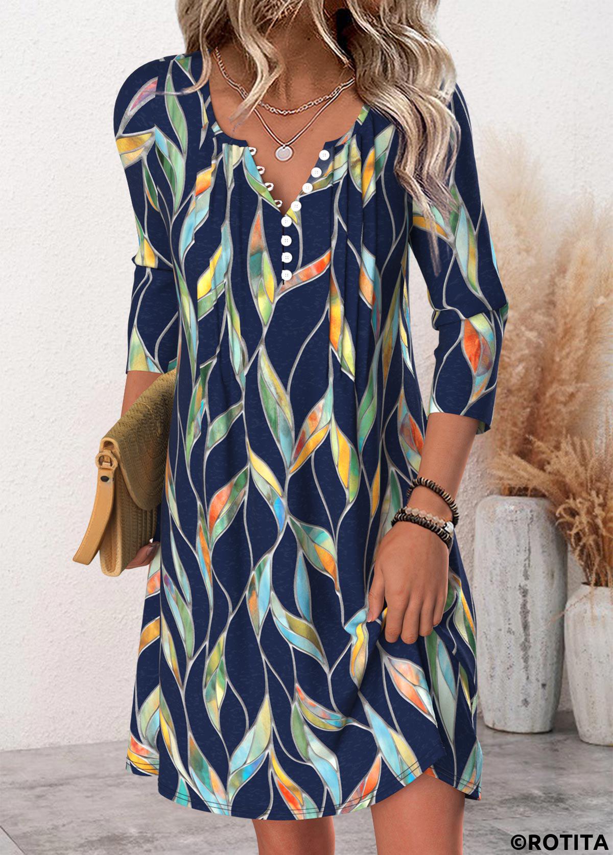 Navy dresses,Plants dresses,Everyday dresses,Casual dresses,ROTITA Leaf Print Navy Short Split Neck Long Sleeve Dress