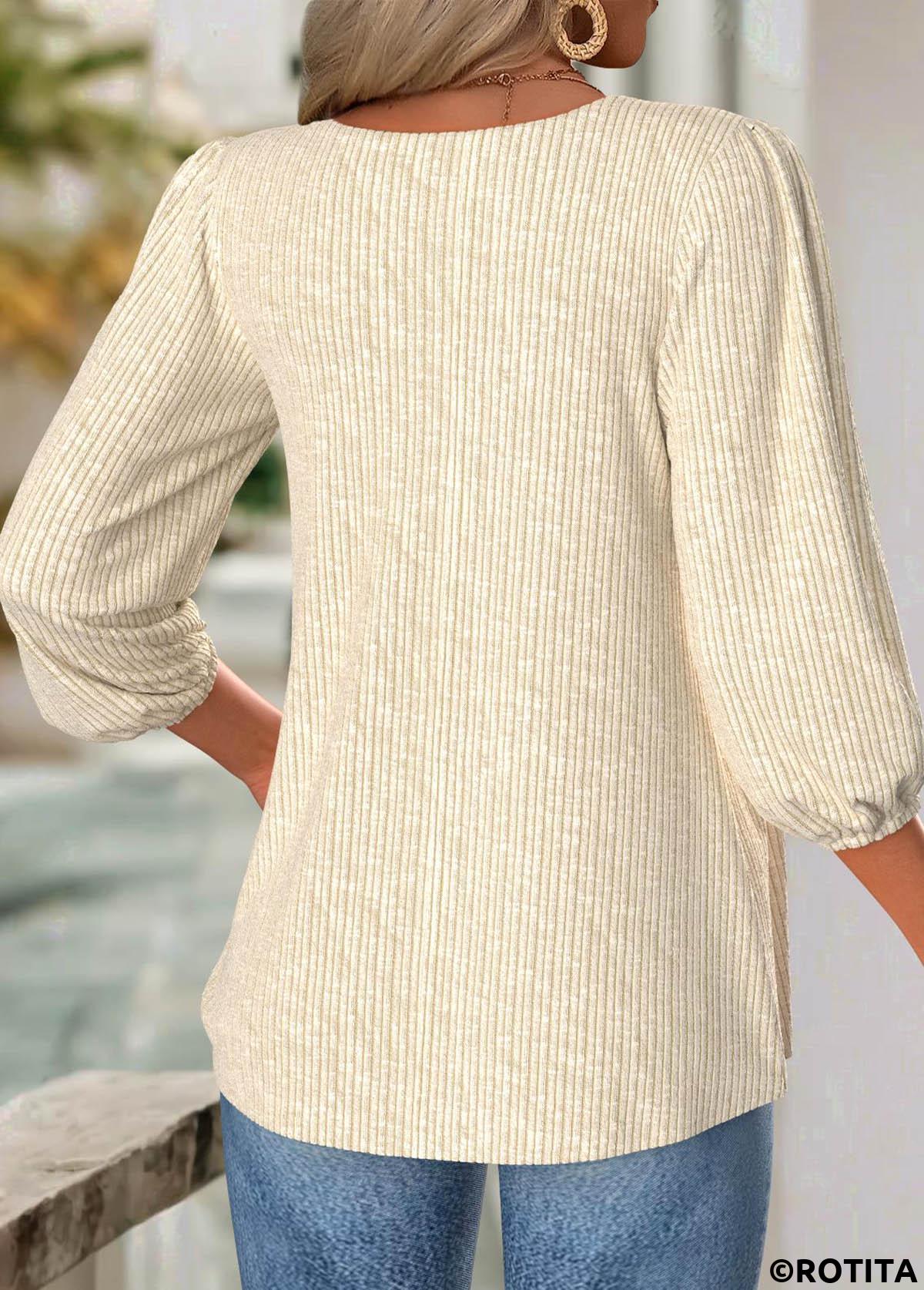 Beige tops,Plain Color tops,ROTITA Beige Split Neck 3/4 Sleeve Blouse