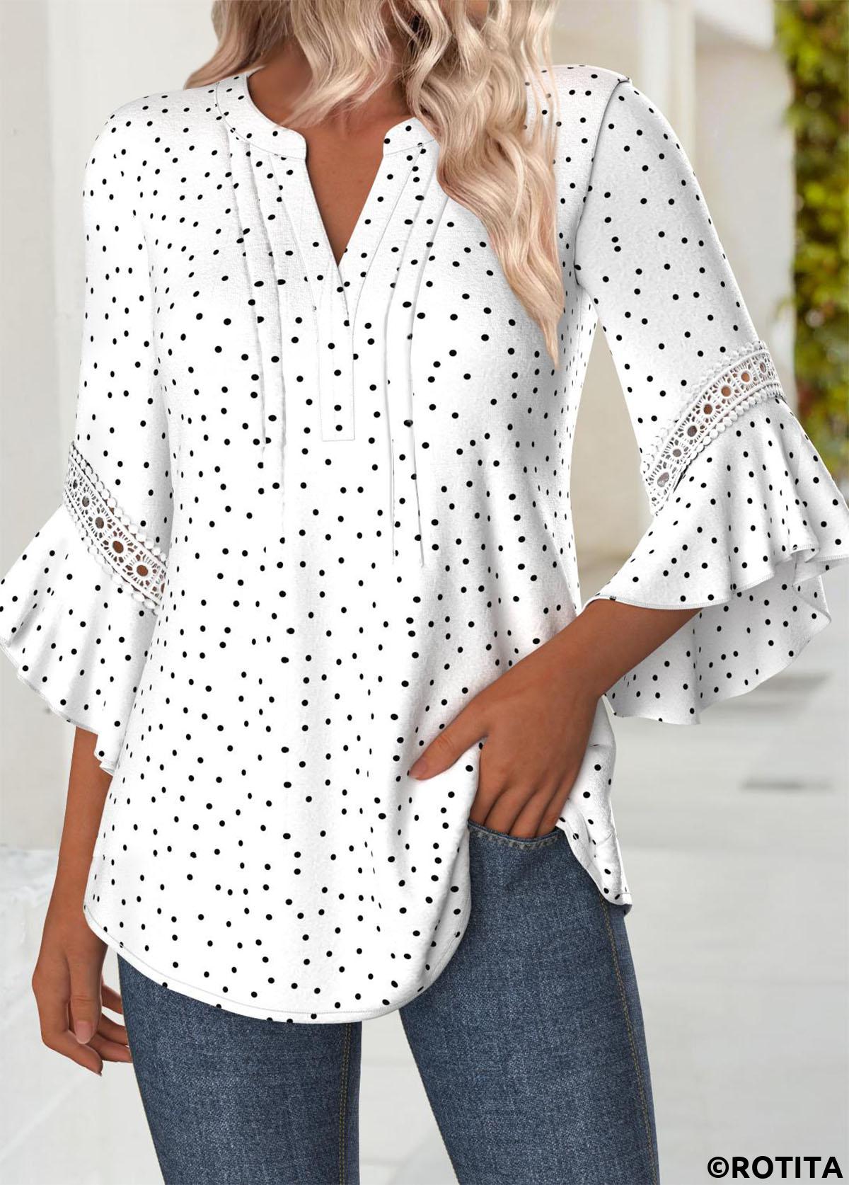 Multi Color tops,Dot tops,ROTITA Polka Dot Multi Color Split Neck 3/4 Sleeve Blouse