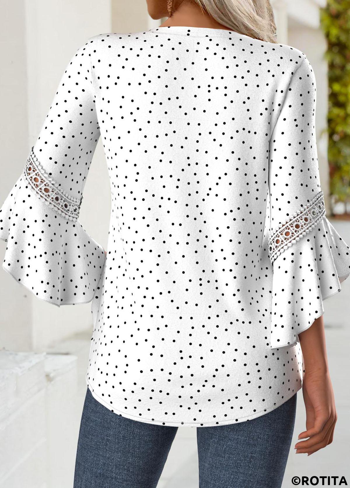 Multi Color tops,Dot tops,ROTITA Polka Dot Multi Color Split Neck 3/4 Sleeve Blouse