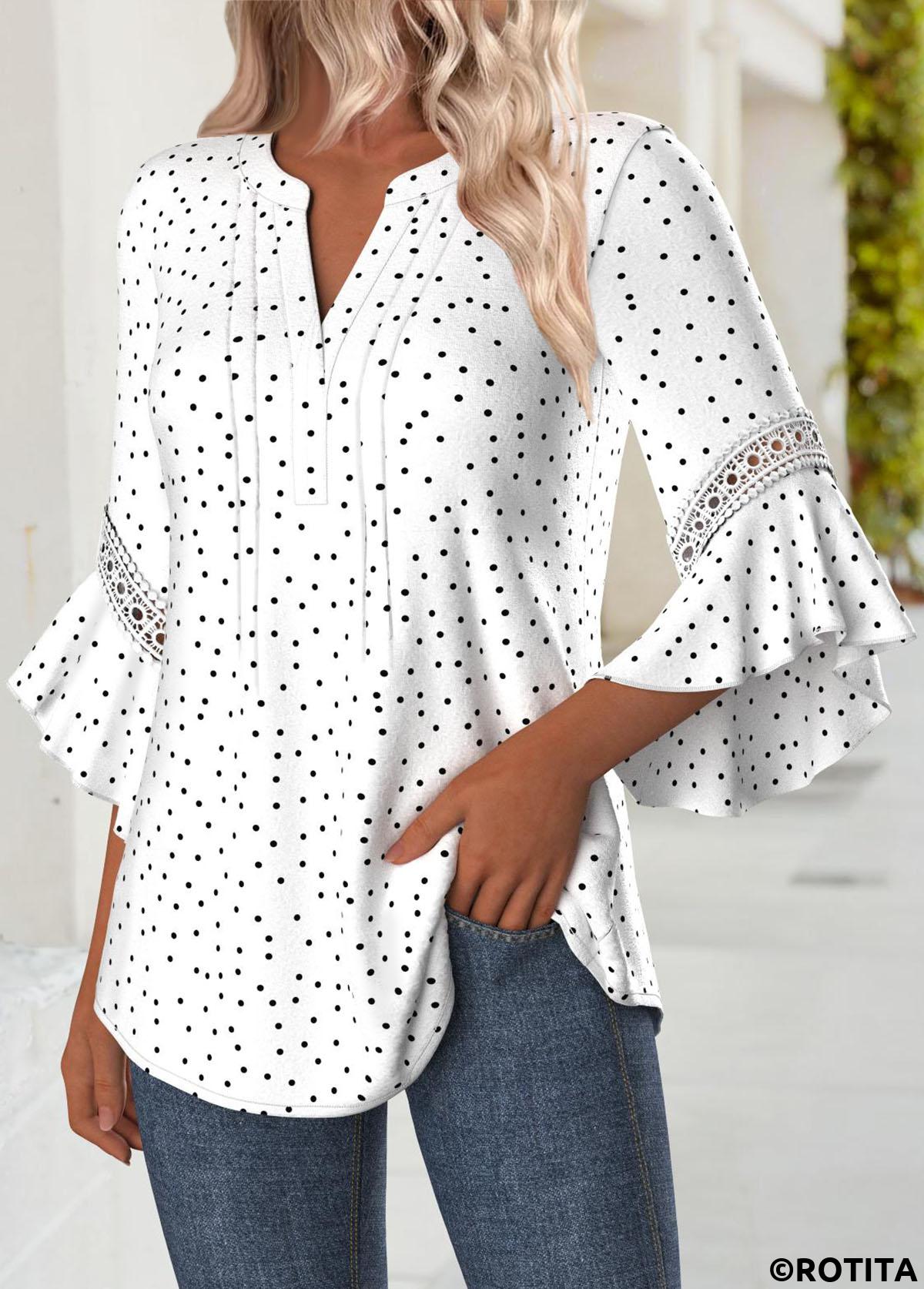 Multi Color tops,Dot tops,ROTITA Polka Dot Multi Color Split Neck 3/4 Sleeve Blouse