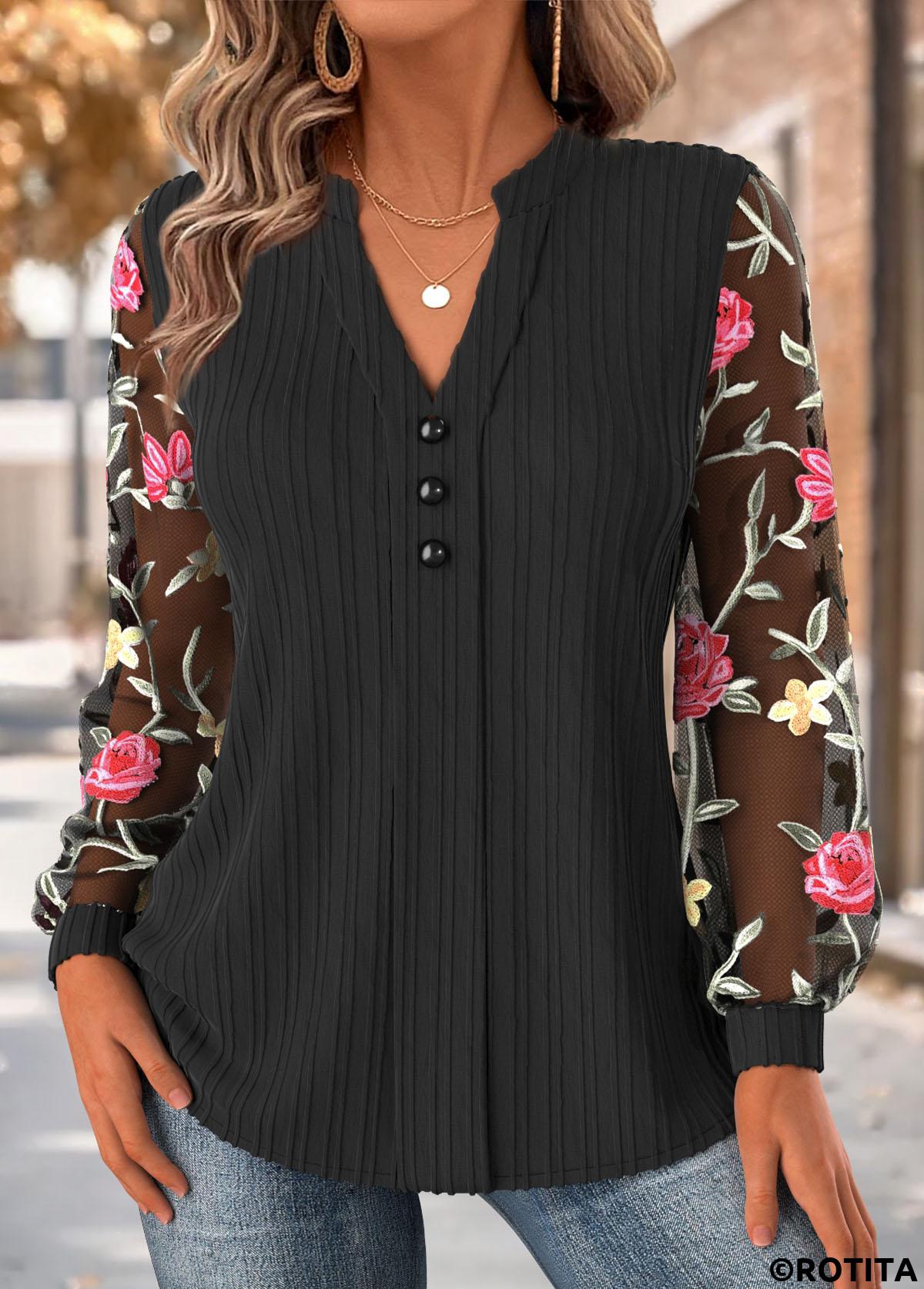 Black tops,Floral tops,Plants tops,ROTITA Floral Print Black Asymmetrical Neck Long Sleeve Blouse