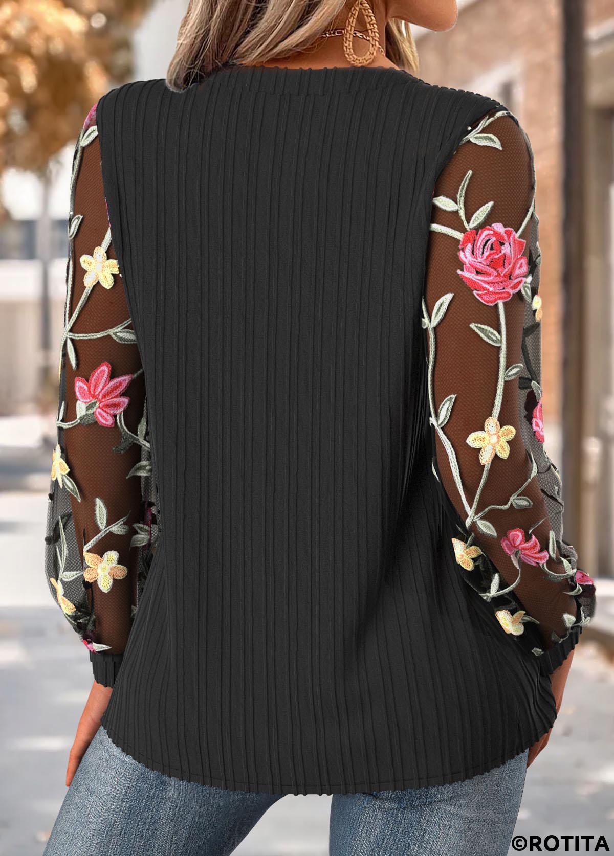 Black tops,Floral tops,Plants tops,ROTITA Floral Print Black Asymmetrical Neck Long Sleeve Blouse