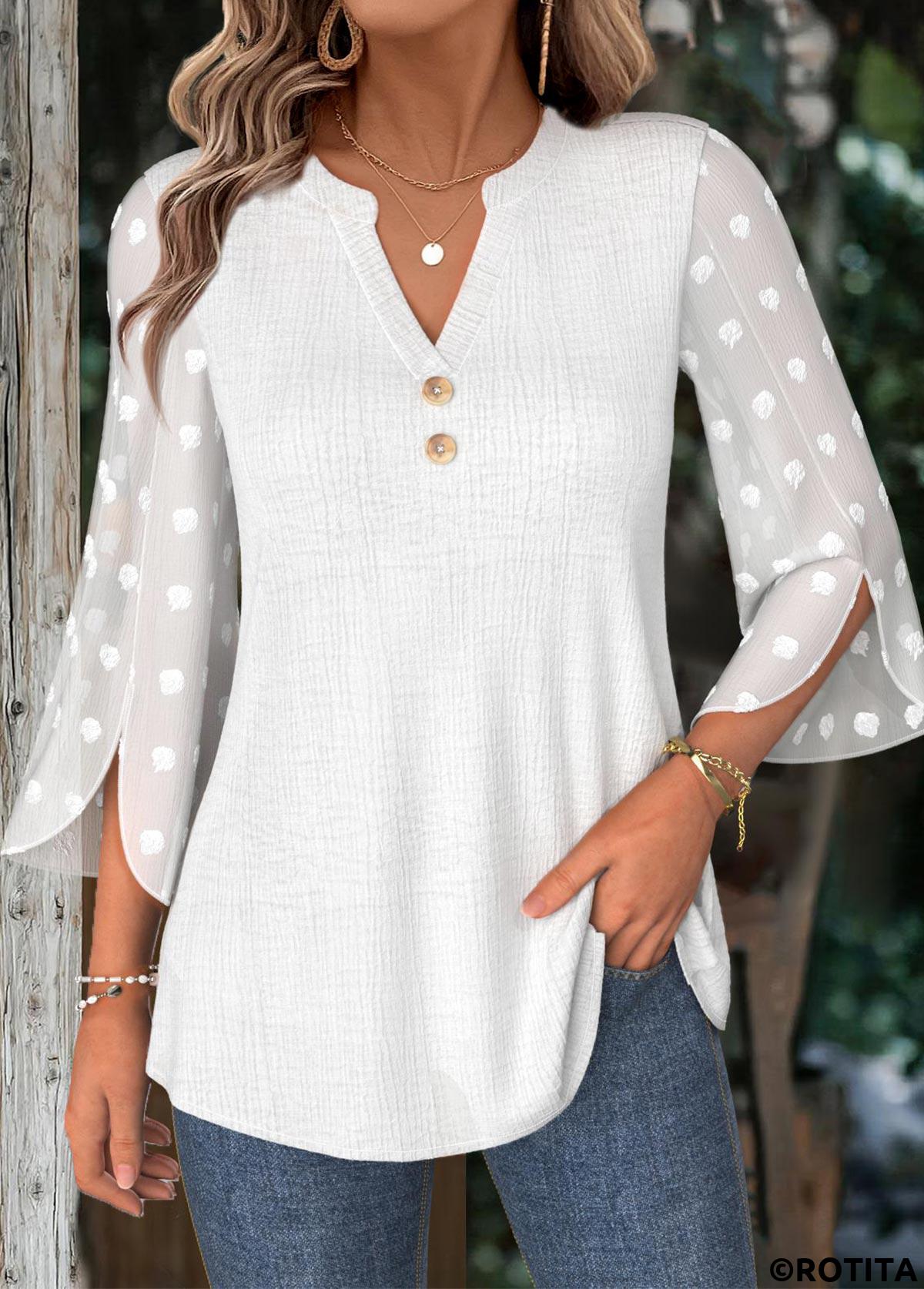 White tops,Plain Color tops,ROTITA White Split Neck 3/4 Sleeve Blouse