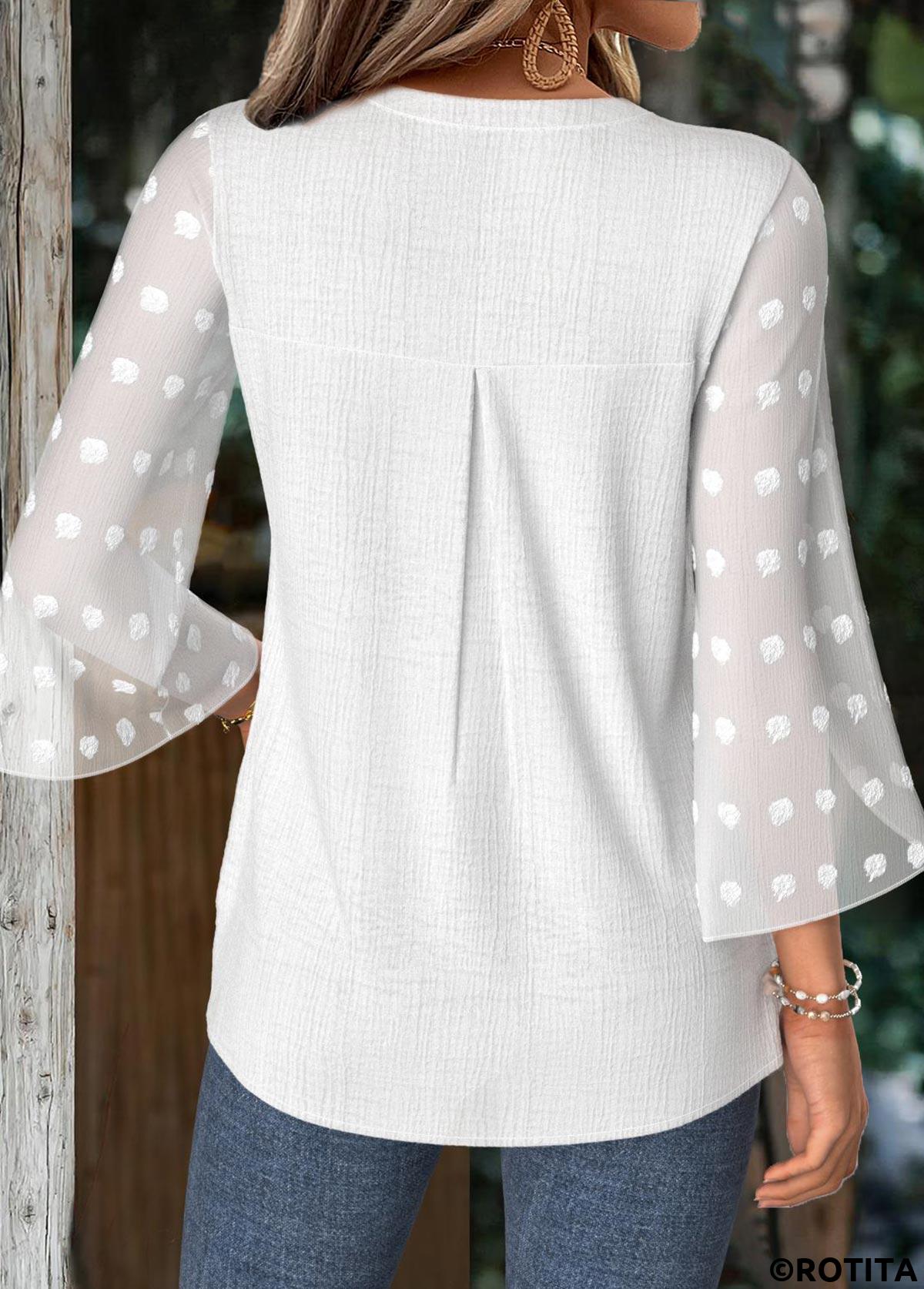 White tops,Plain Color tops,ROTITA White Split Neck 3/4 Sleeve Blouse