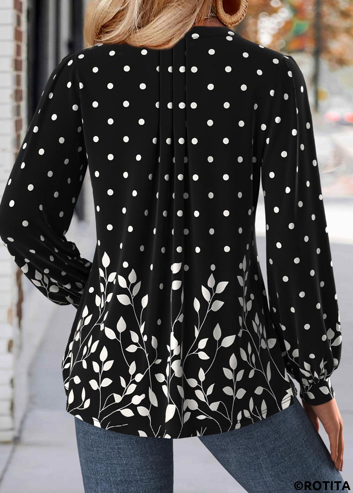 Black tops,Plants tops,ROTITA Leaf Print Black Split Neck Long Sleeve Blouse