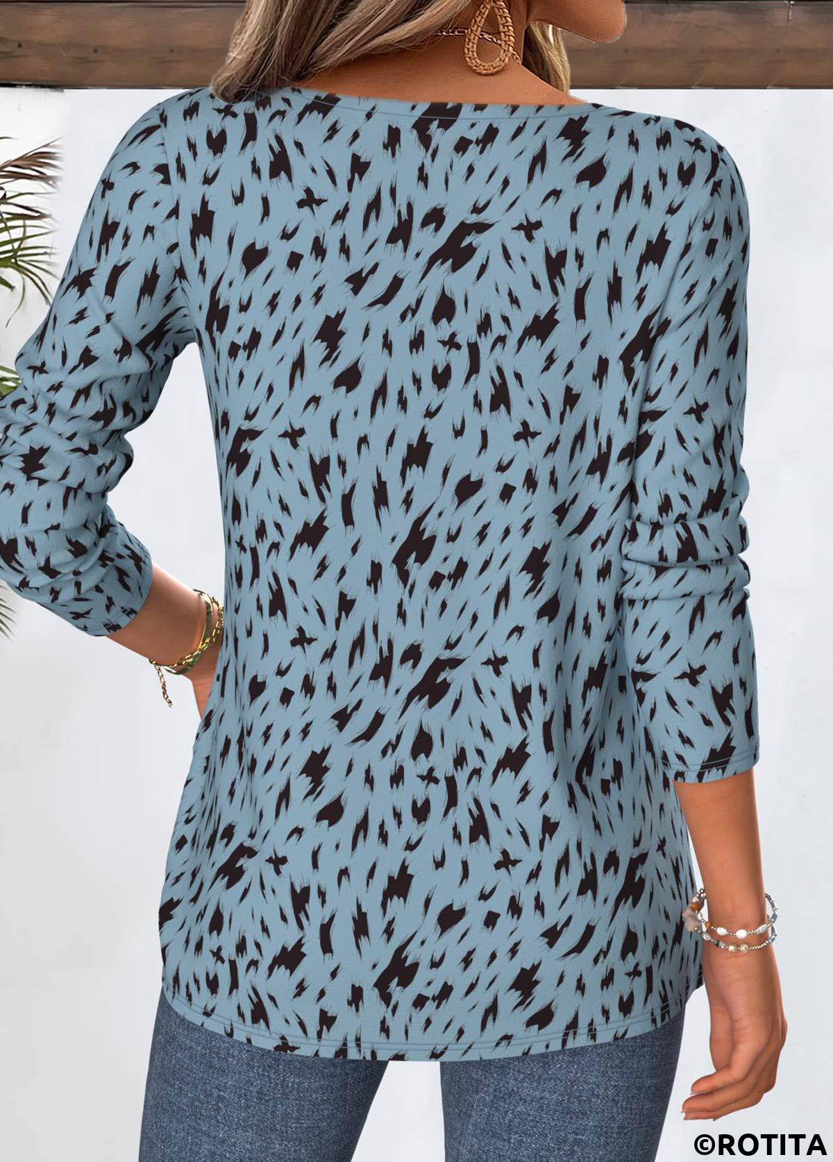 Dusty Blue tops,Geometric tops,ROTITA Geometric Print Dusty Blue Split Neck T Shirt