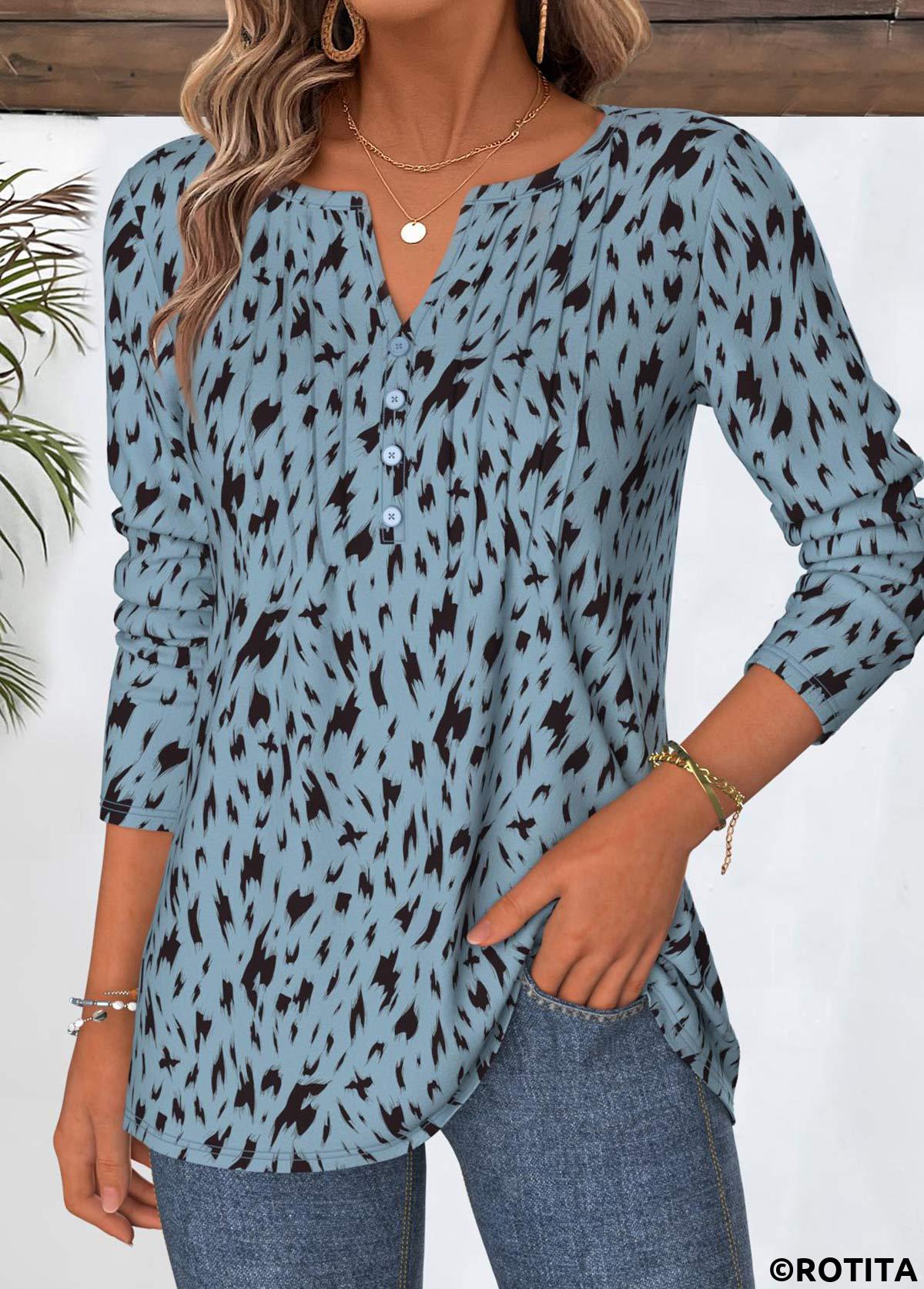 Dusty Blue tops,Geometric tops,ROTITA Geometric Print Dusty Blue Split Neck T Shirt