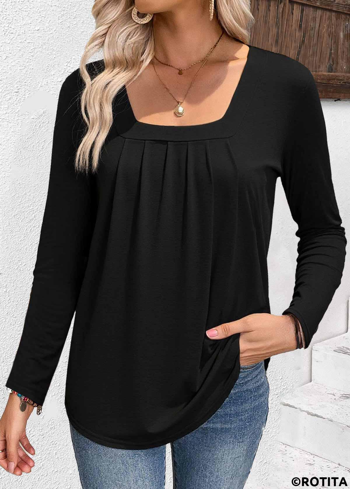 Black tops,Plain Color tops,ROTITA Black Square Neck Long Sleeve T Shirt