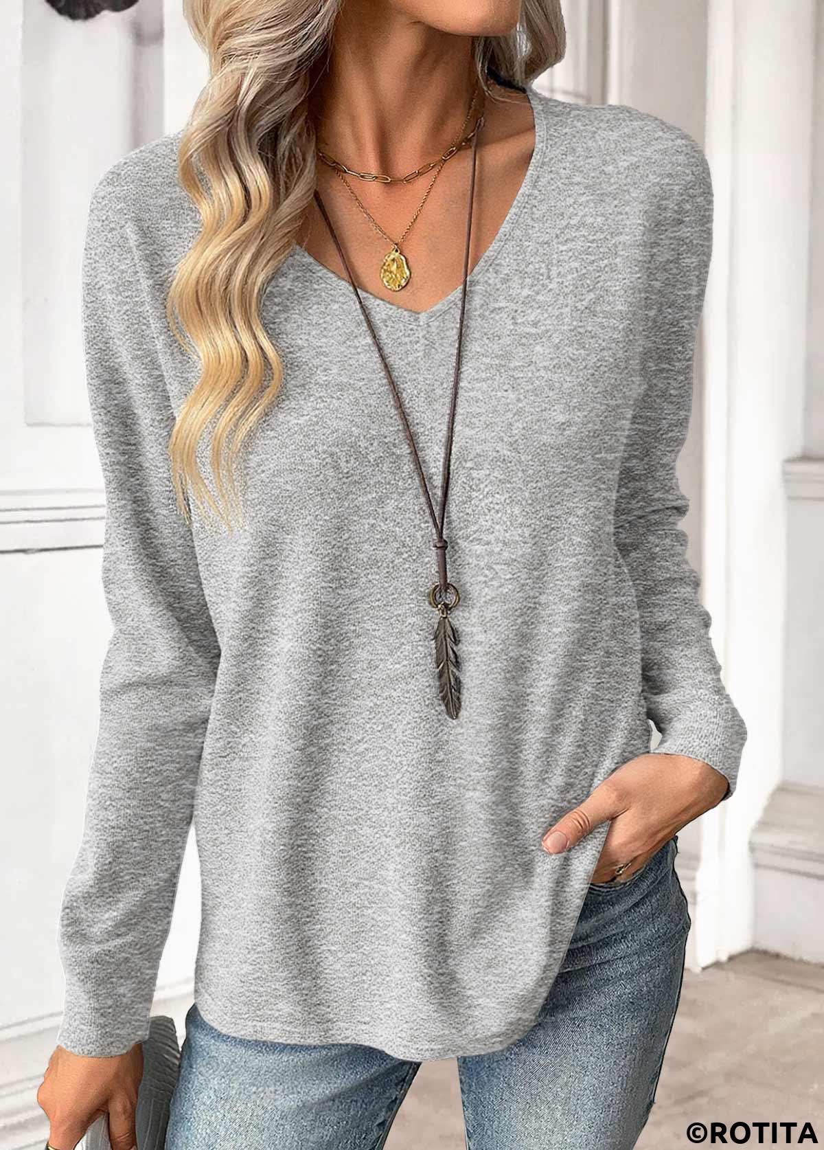Light Grey tops,Plain Color tops,ROTITA Light Grey V Neck Long Sleeve T Shirt