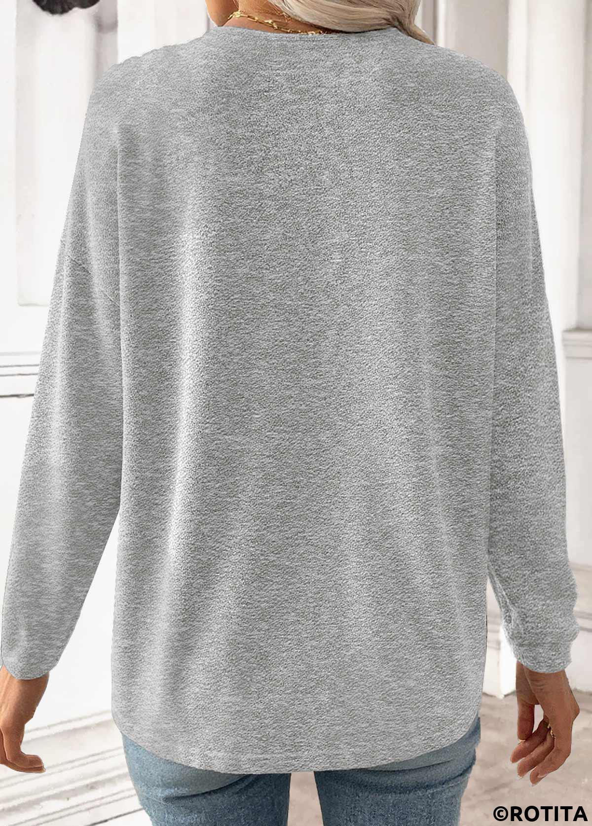 Light Grey tops,Plain Color tops,ROTITA Light Grey V Neck Long Sleeve T Shirt